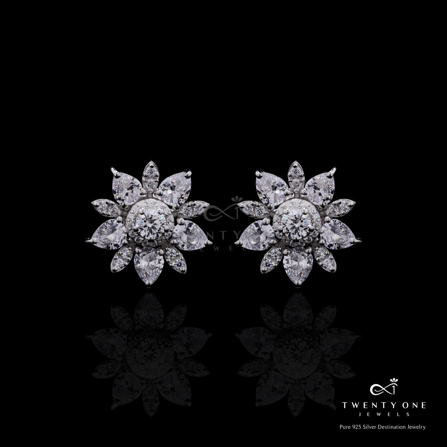 Ultra Premium Handcrafted Drop Solitaire Floral Gloria Studs with Premium Screw Backs on Pure 925 Silver