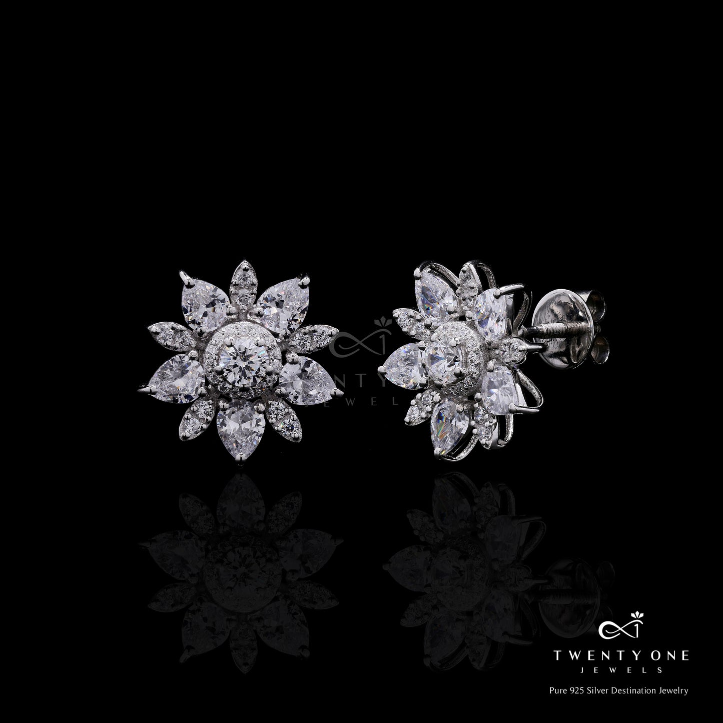 Ultra Premium Handcrafted Drop Solitaire Floral Gloria Studs with Premium Screw Backs on Pure 925 Silver