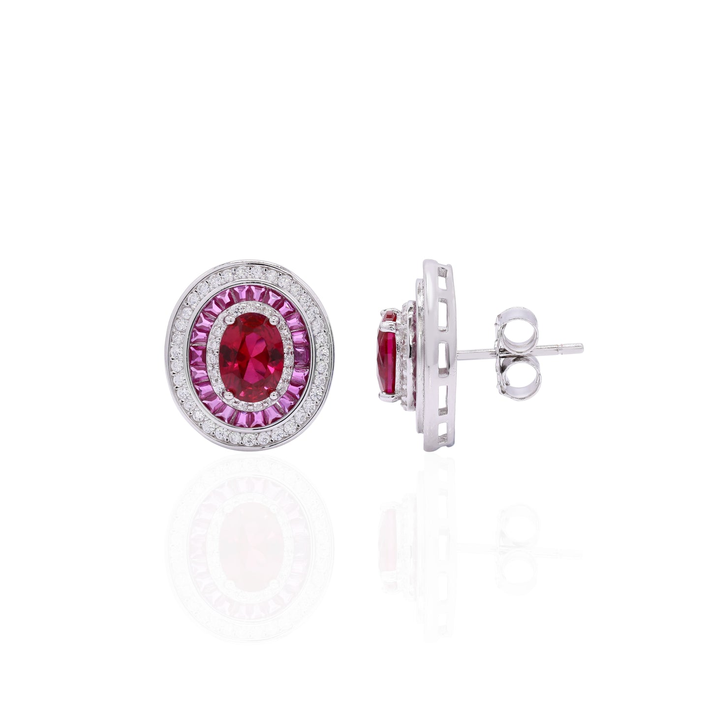 Premium 1 Carat Hydro Ruby Oval Solitaire Baguette Stud Earrings on Pure 925 Silver