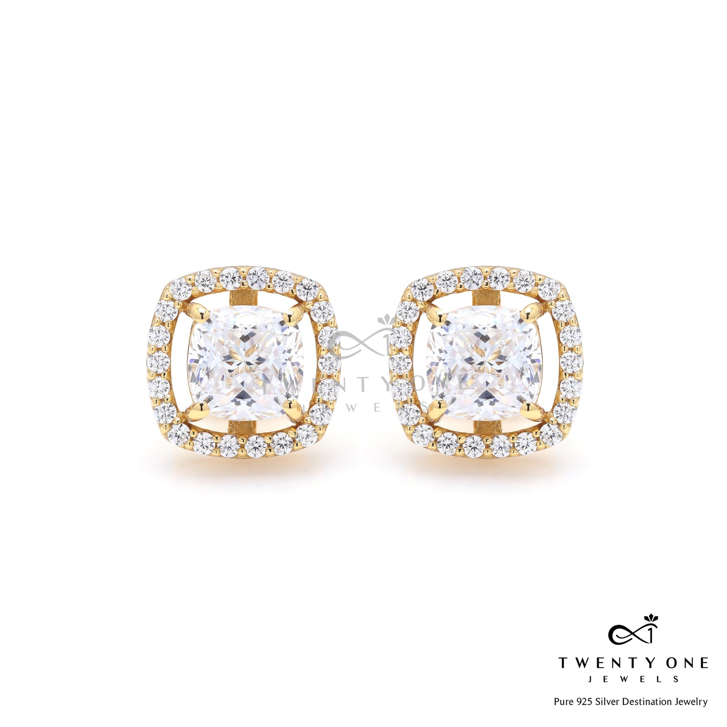 1.3 Carat Cushion Cut Katy Pure 925 Silver Solitaire Studs with Premium Screw Backs - 18k Gold Finish