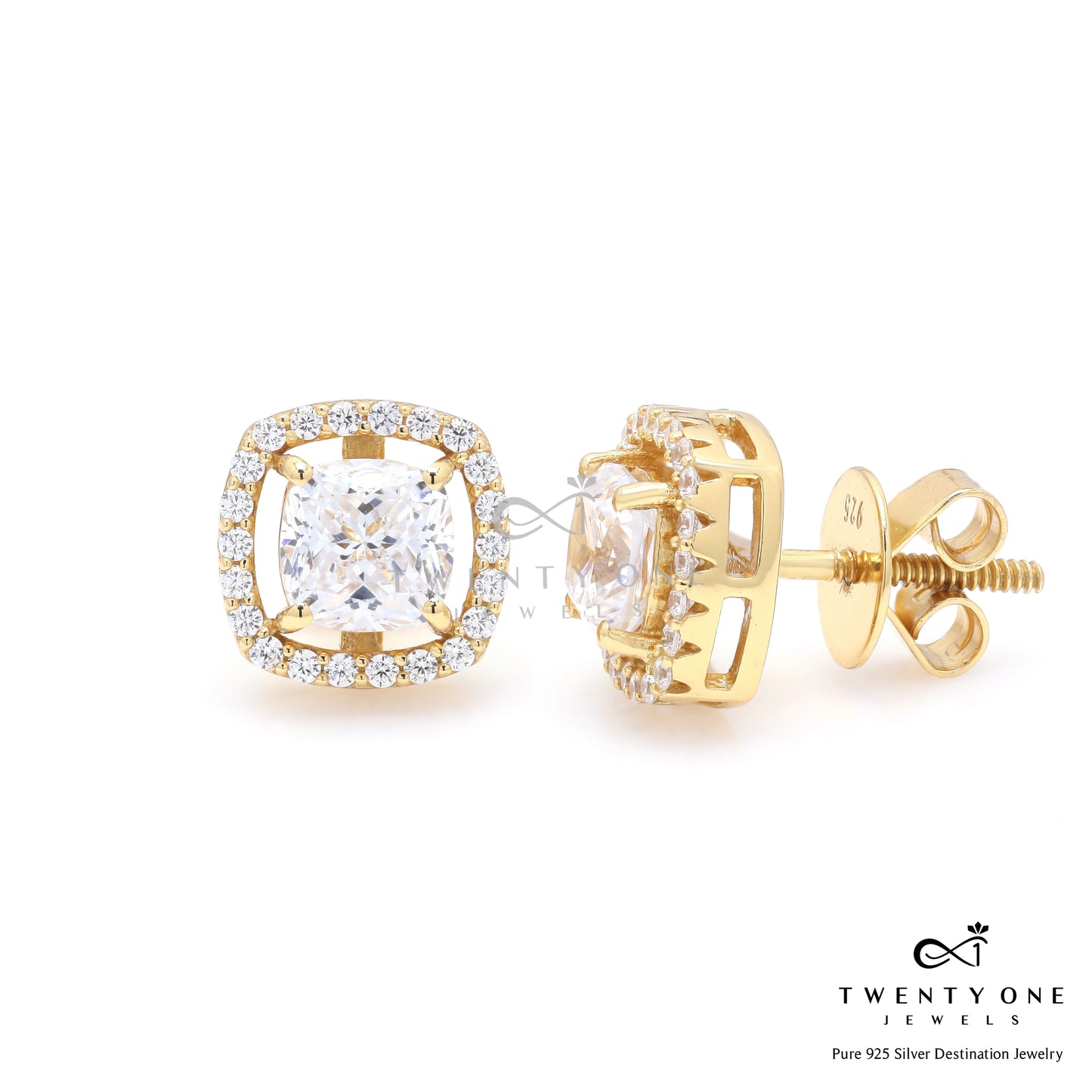 1.3 Carat Cushion Cut Katy Pure 925 Silver Solitaire Studs with Premium Screw Backs - 18k Gold Finish
