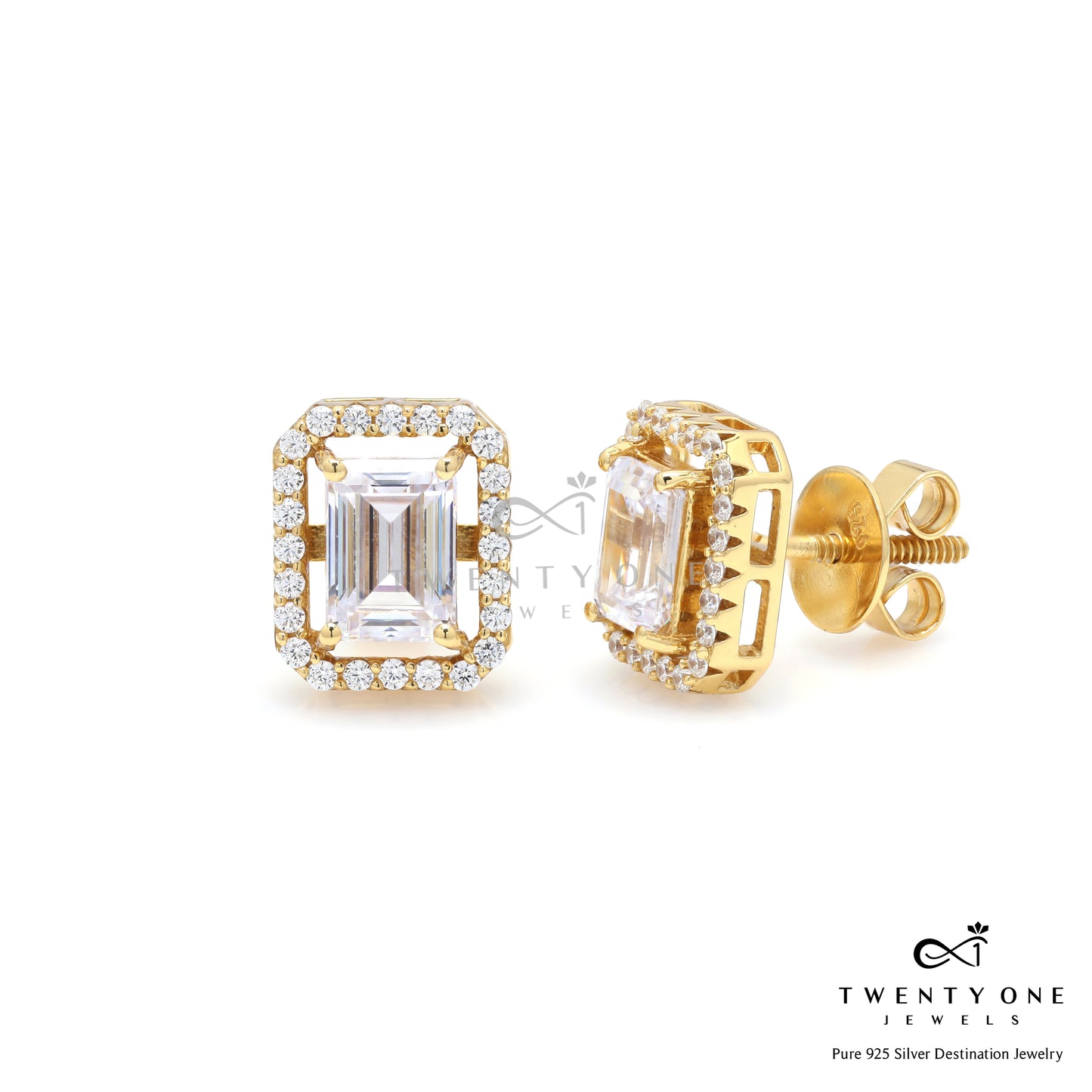 Premium Range 1.5 Carat Emerald Cut Princia Solitaire Studs with Screw Backs - 18k Gold Finish
