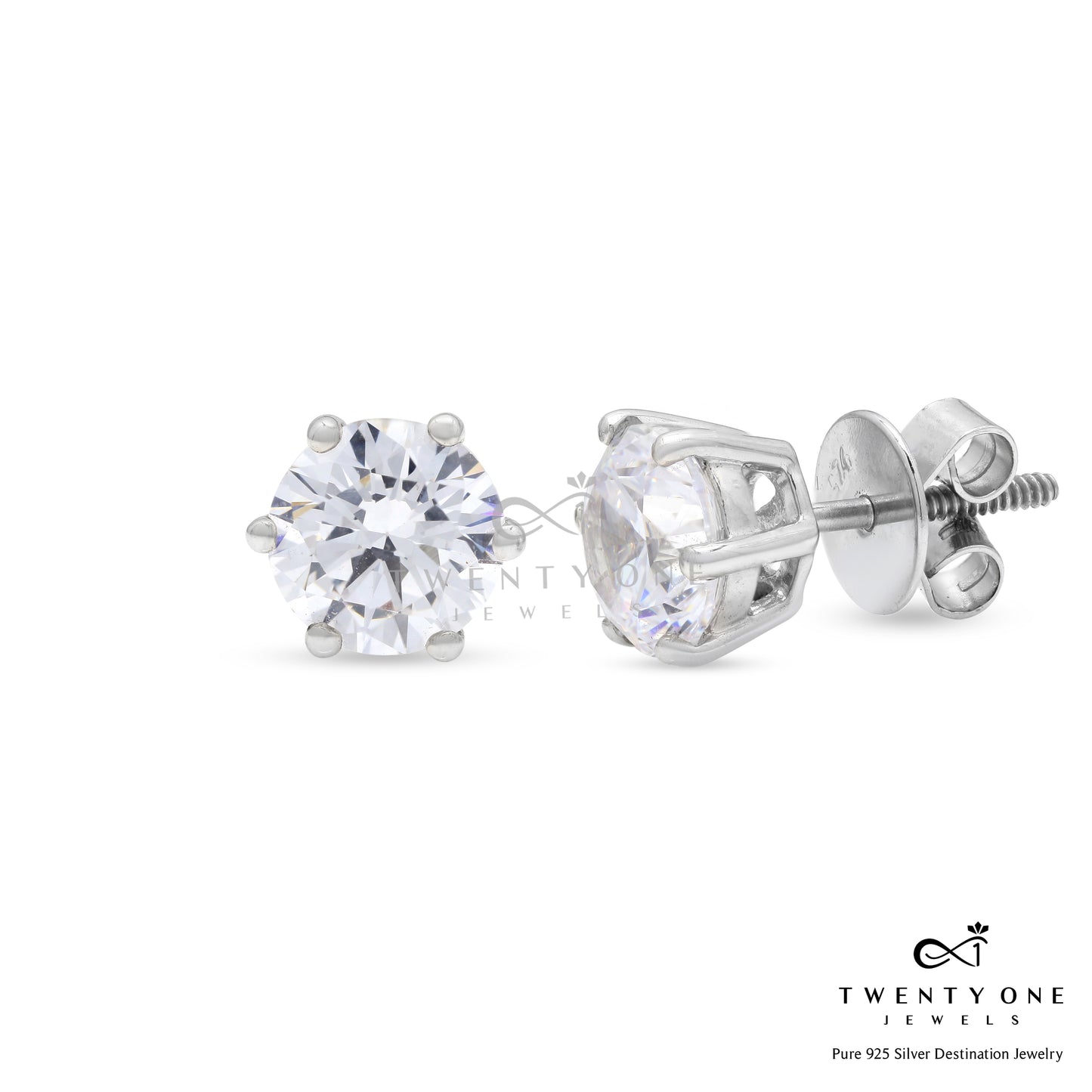 1.3 Carat Solitaire Studs on 925 Silver with Premium Screw Backs in White Gold Finish