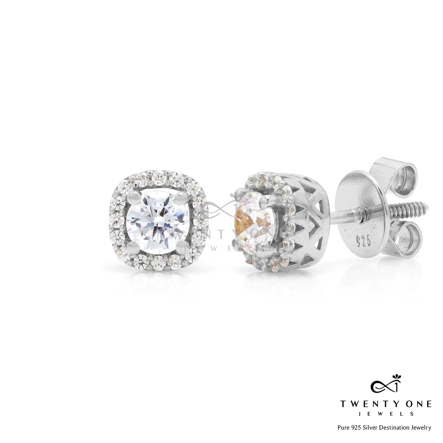 50 Cents Solitaire Deneese Square Border Solitaire Studs with Premium Screw Backs - White Gold Finish