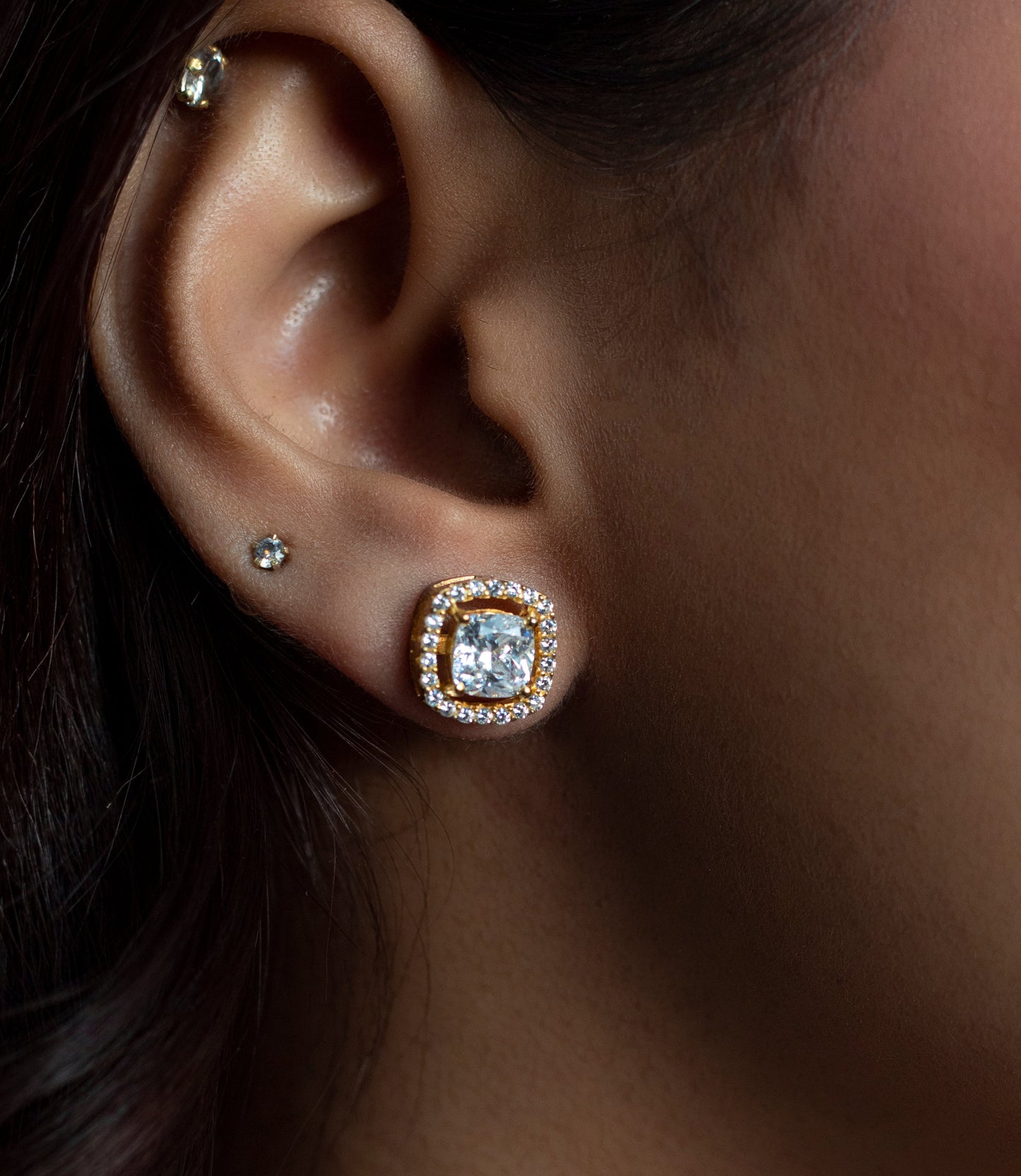 1.3 Carat Cushion Cut Katy Pure 925 Silver Solitaire Studs with Premium Screw Backs - 18k Gold Finish