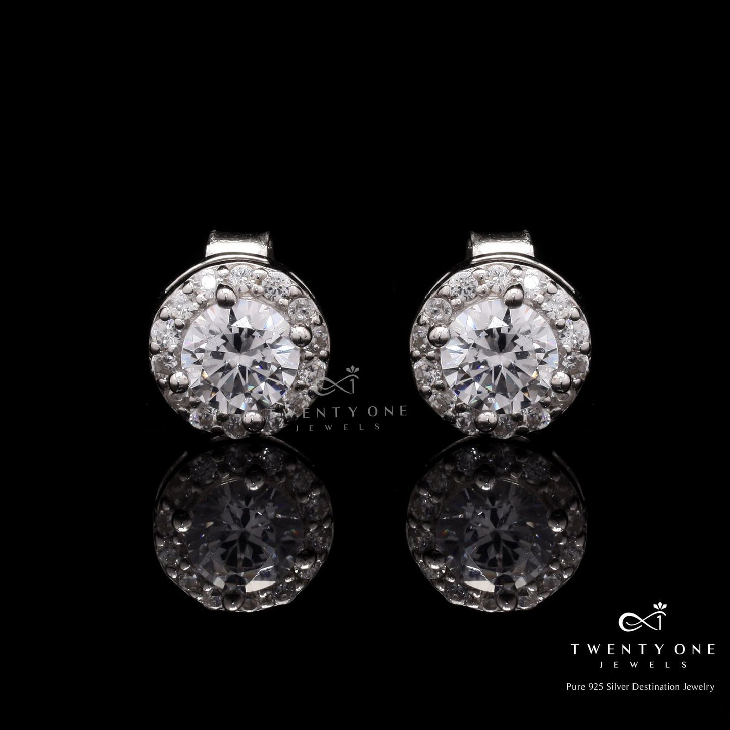 Mini Classic Halo Studs with Push Back on Pure 925 Silver.