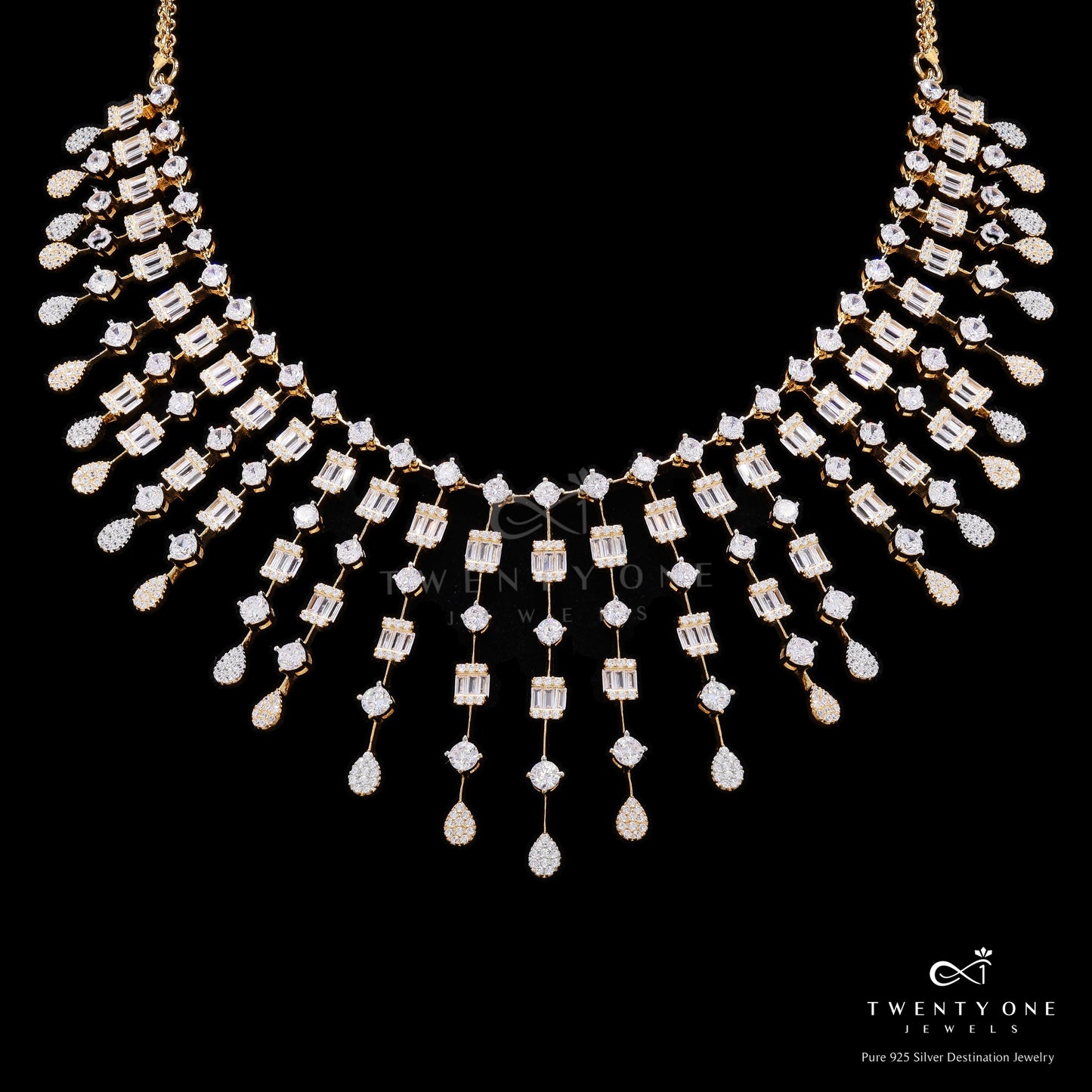 Premium Pressure Setting Gold Finish American Diamond Necklace Set on Pure 925 Silver