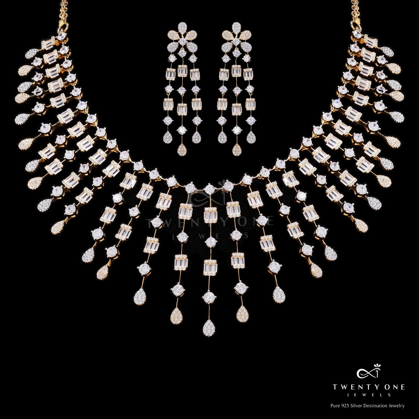 Premium Pressure Setting Gold Finish American Diamond Necklace Set on Pure 925 Silver