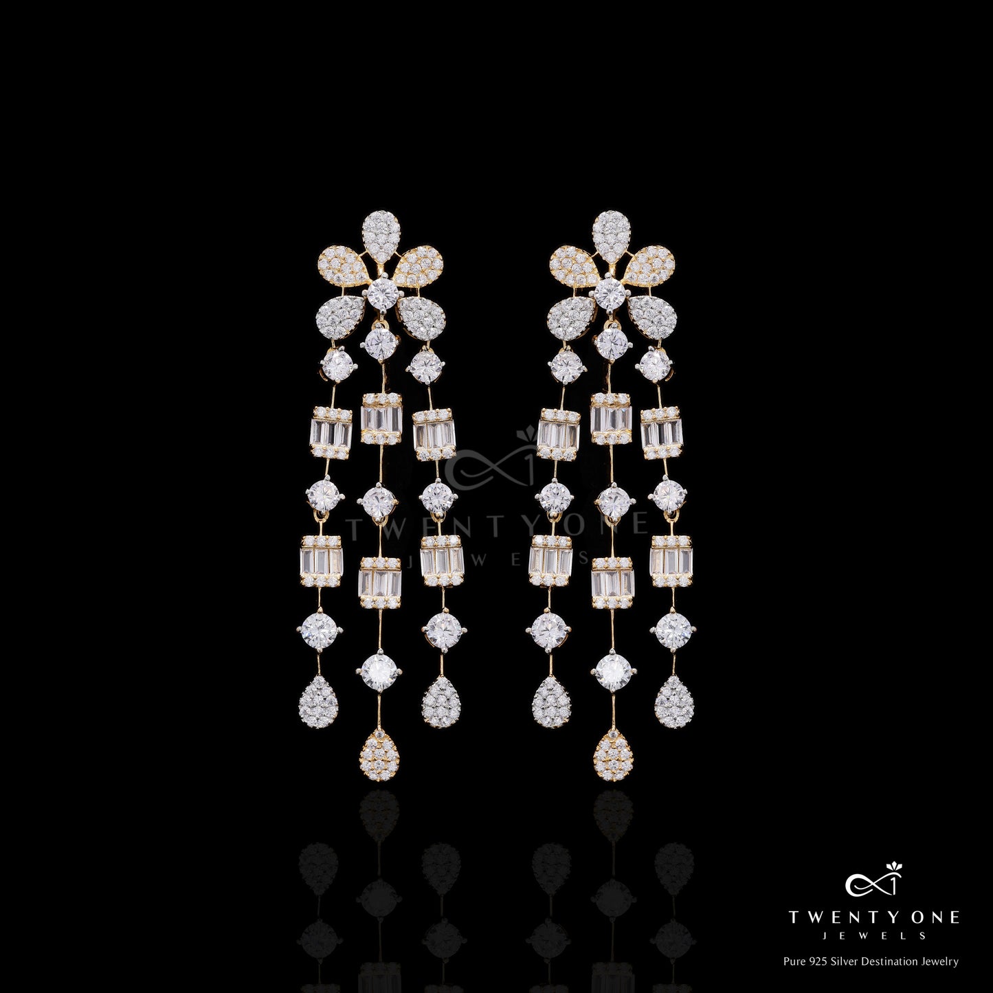 Premium Pressure Setting Gold Finish American Diamond Necklace Set on Pure 925 Silver