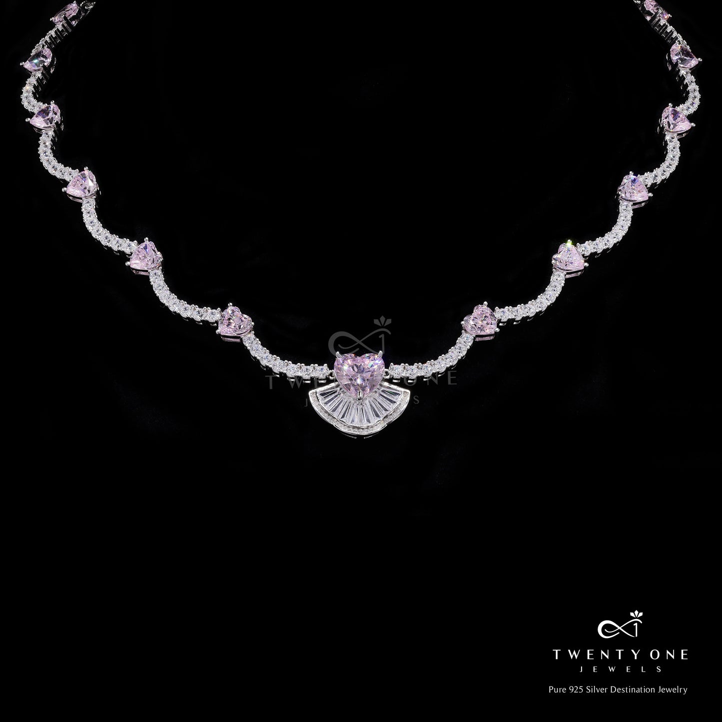 Premium American Diamond and Pink Heart Solitaire Necklace on Pure 925 Silver