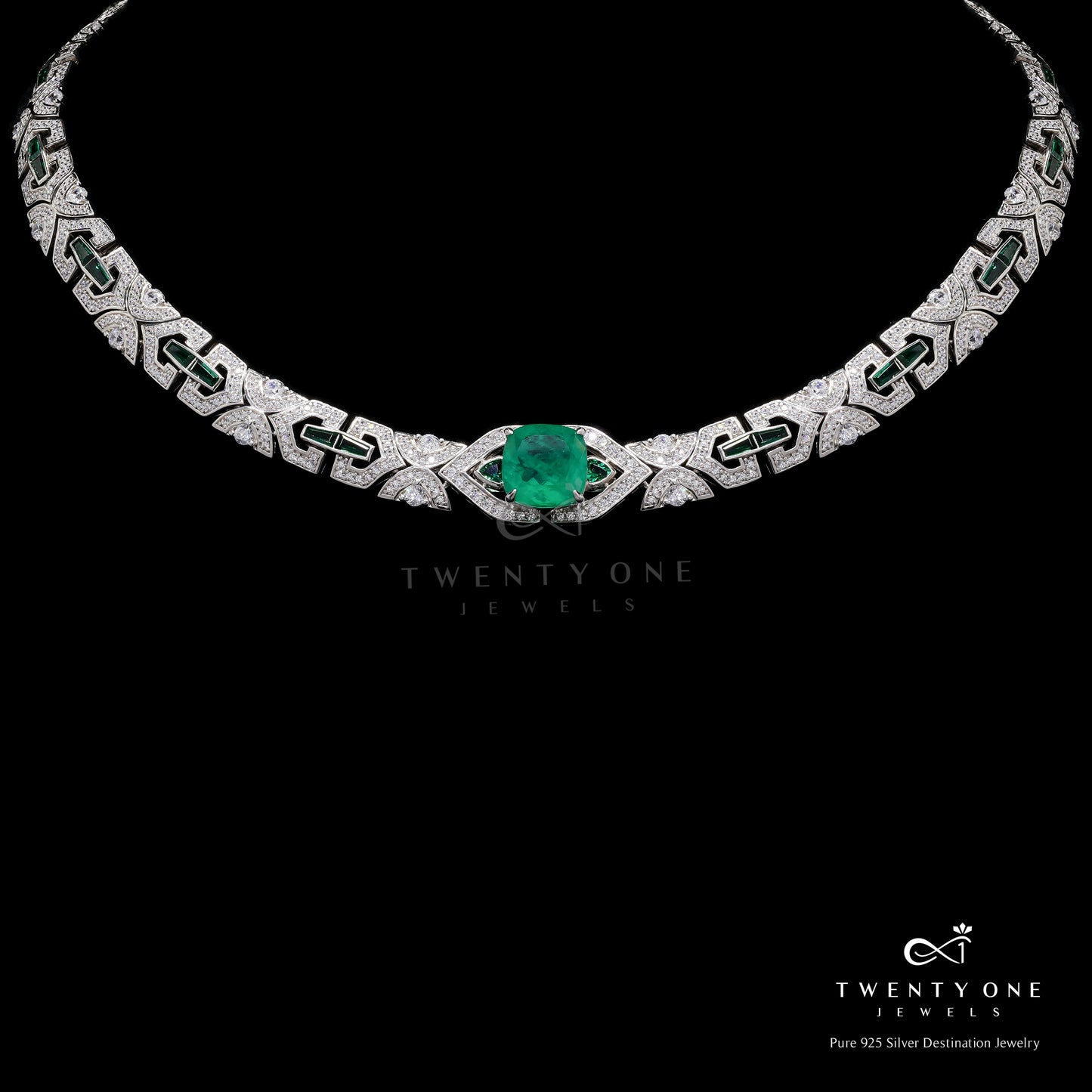 Ultra Premium Handcrafted Green Emerald Doublet Sleek Cocktail Necklace Set on Pure 925 Silver