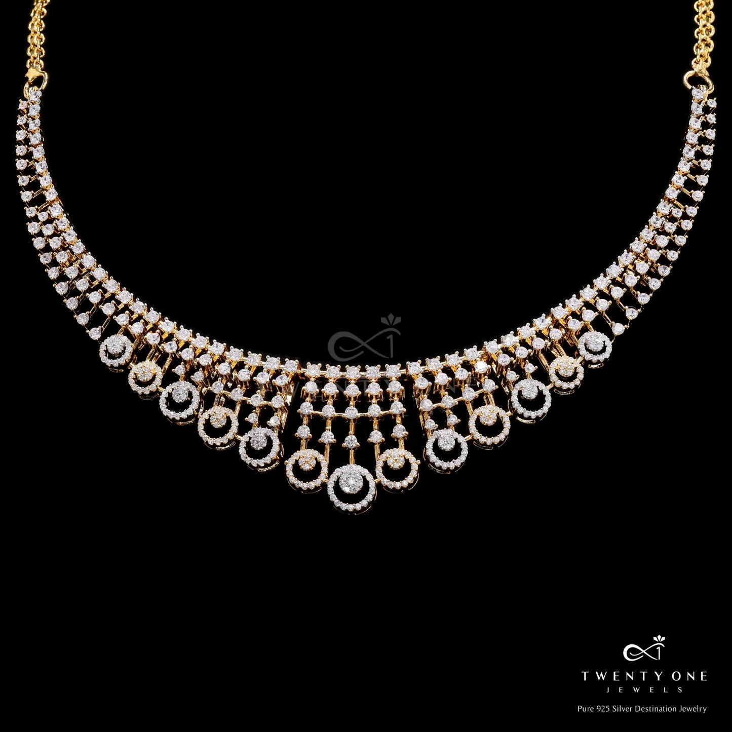 Dual Tone Pressure Setting Necklace Set on Pure 925 Silver