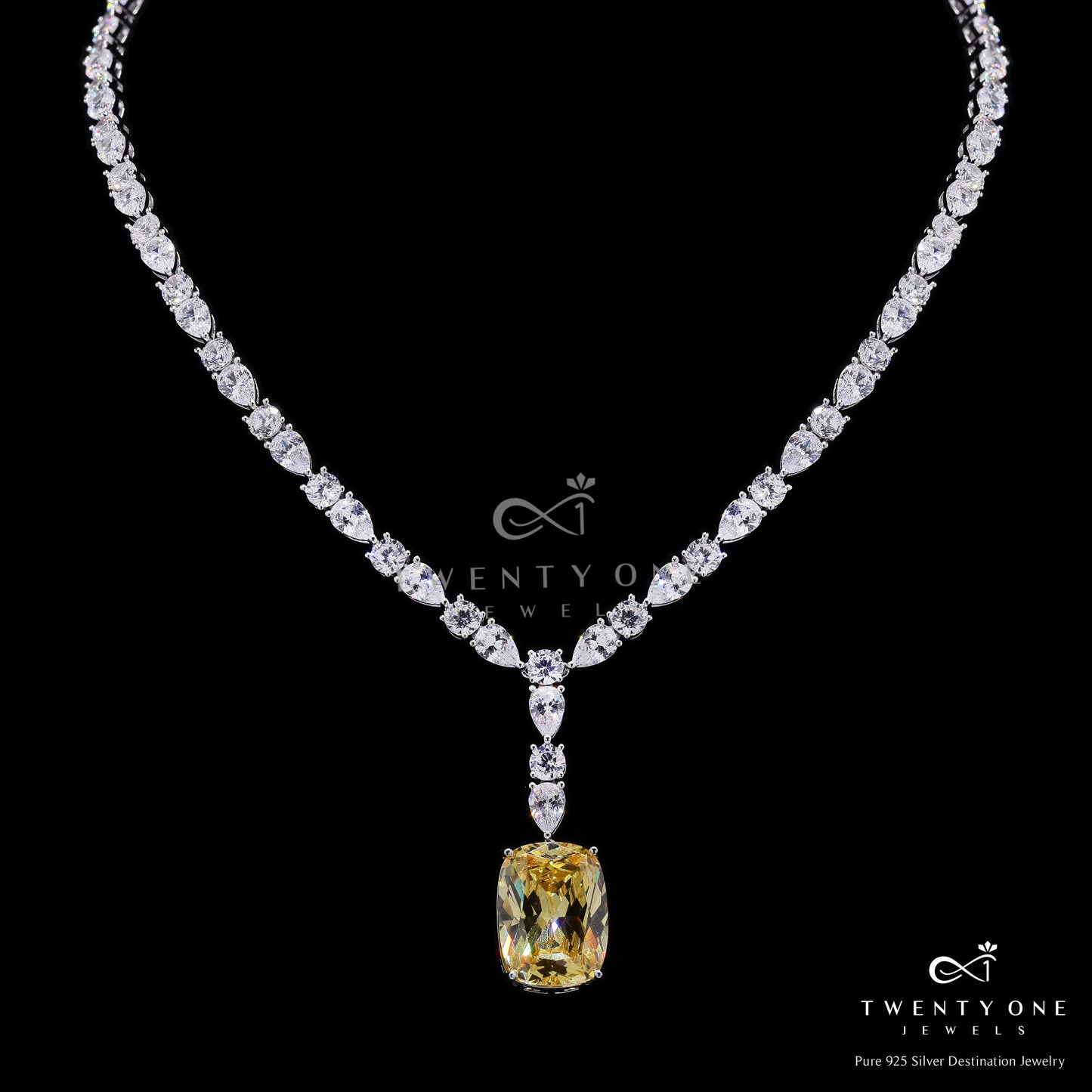 Ultra Premium Yellow Diamond Luxury Necklace Set with Round Cut and Drop Solitaires