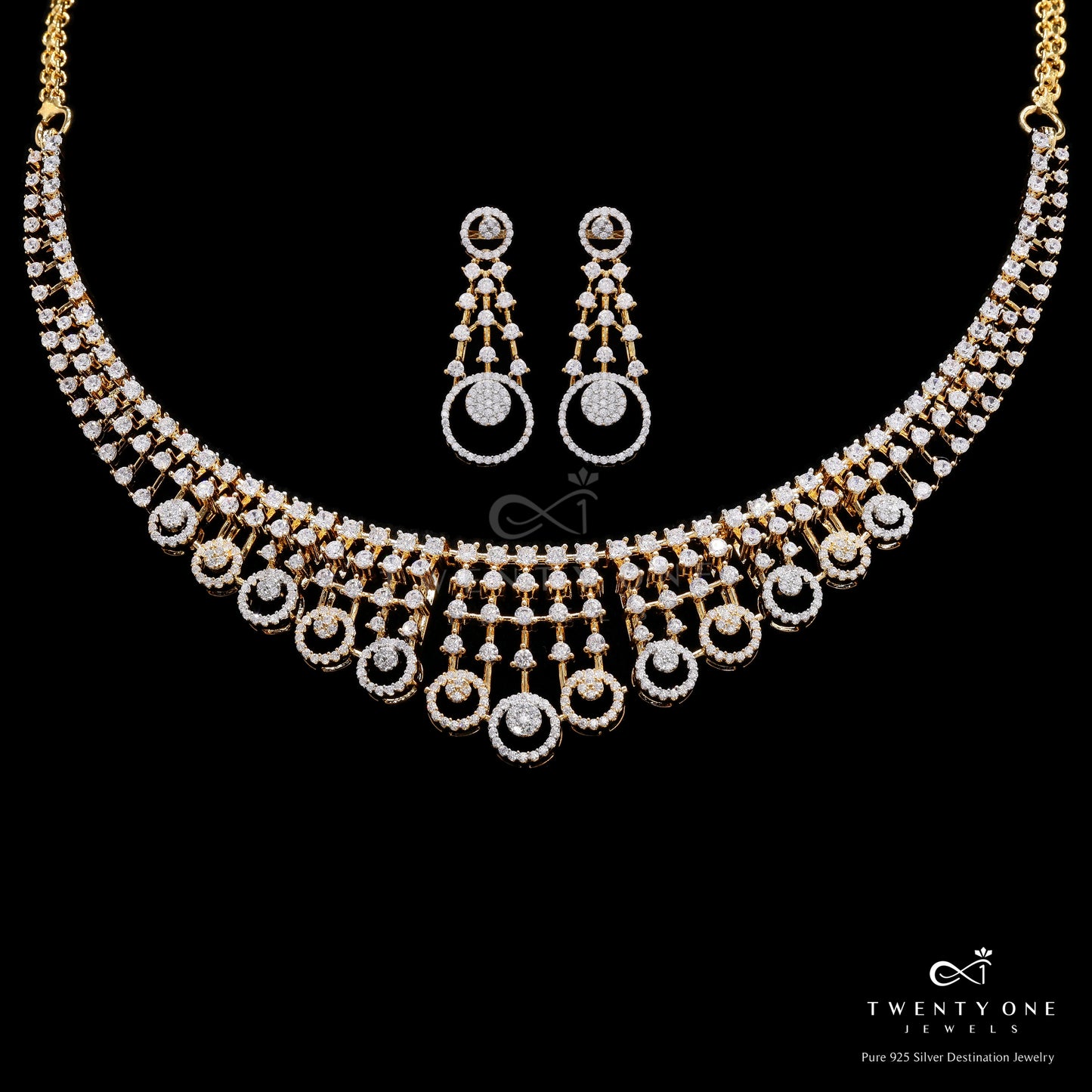 Dual Tone Pressure Setting Necklace Set on Pure 925 Silver