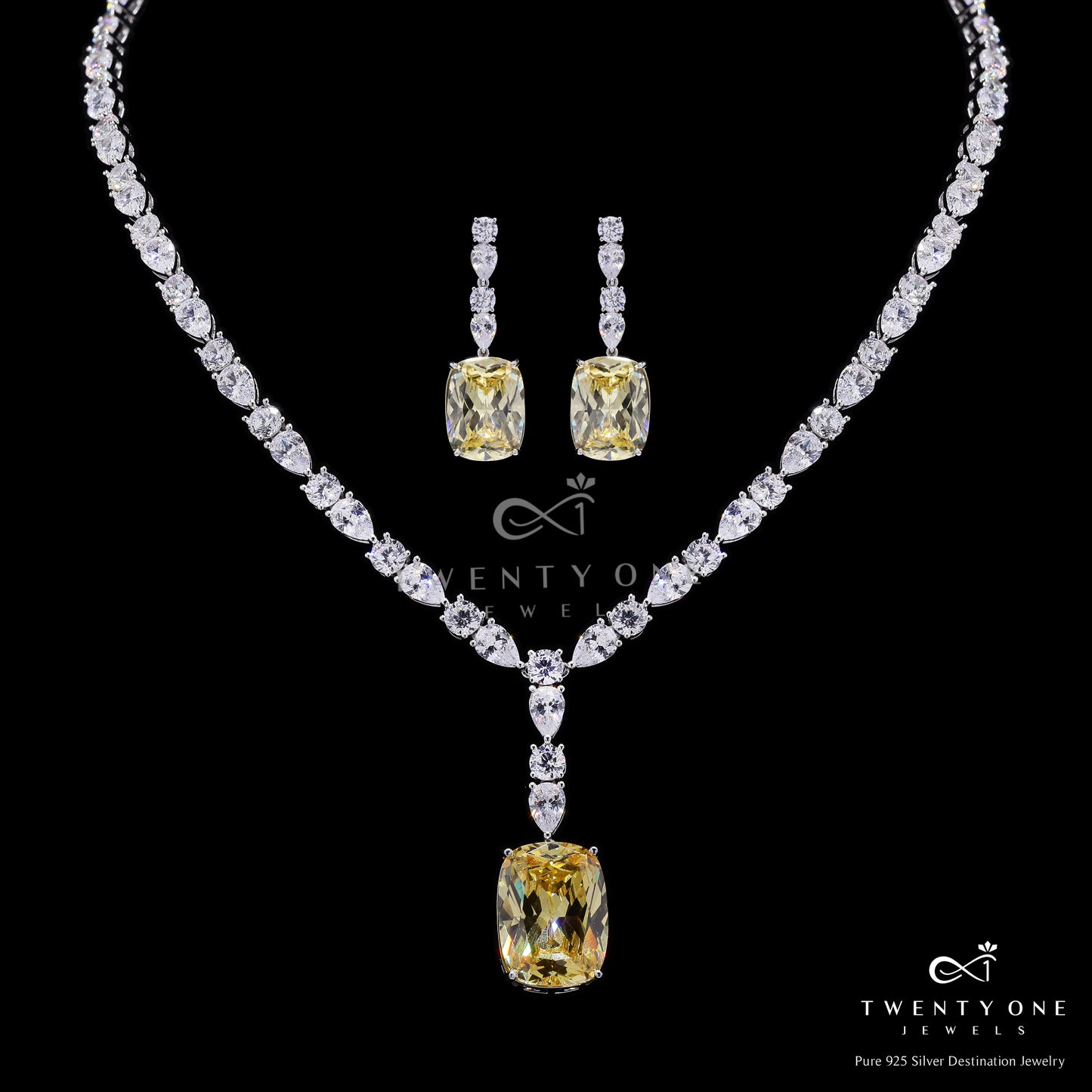 Ultra Premium Yellow Diamond Luxury Necklace Set with Round Cut and Drop Solitaires