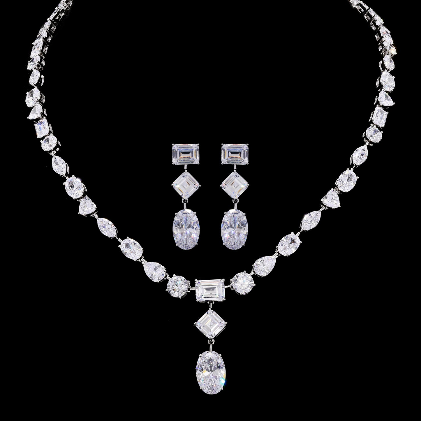 Ultra Premium Far Sized Multi Solitaire Bridal Necklace Set with Earrings on Pure 925 Silver