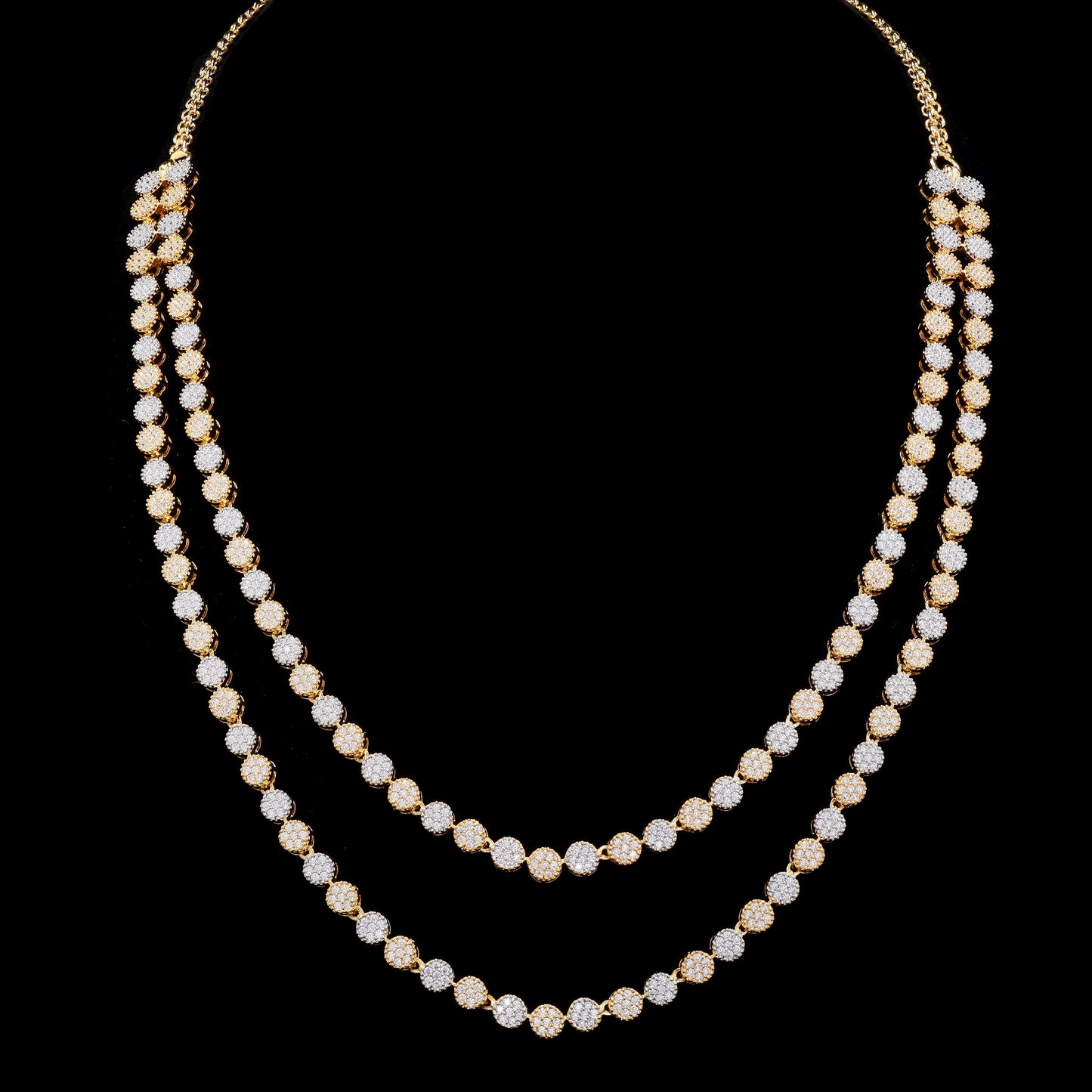 Double Layer Dual Tone Pressure Setting Tafeta Necklace Set with Earrings on Pure 925 Silver