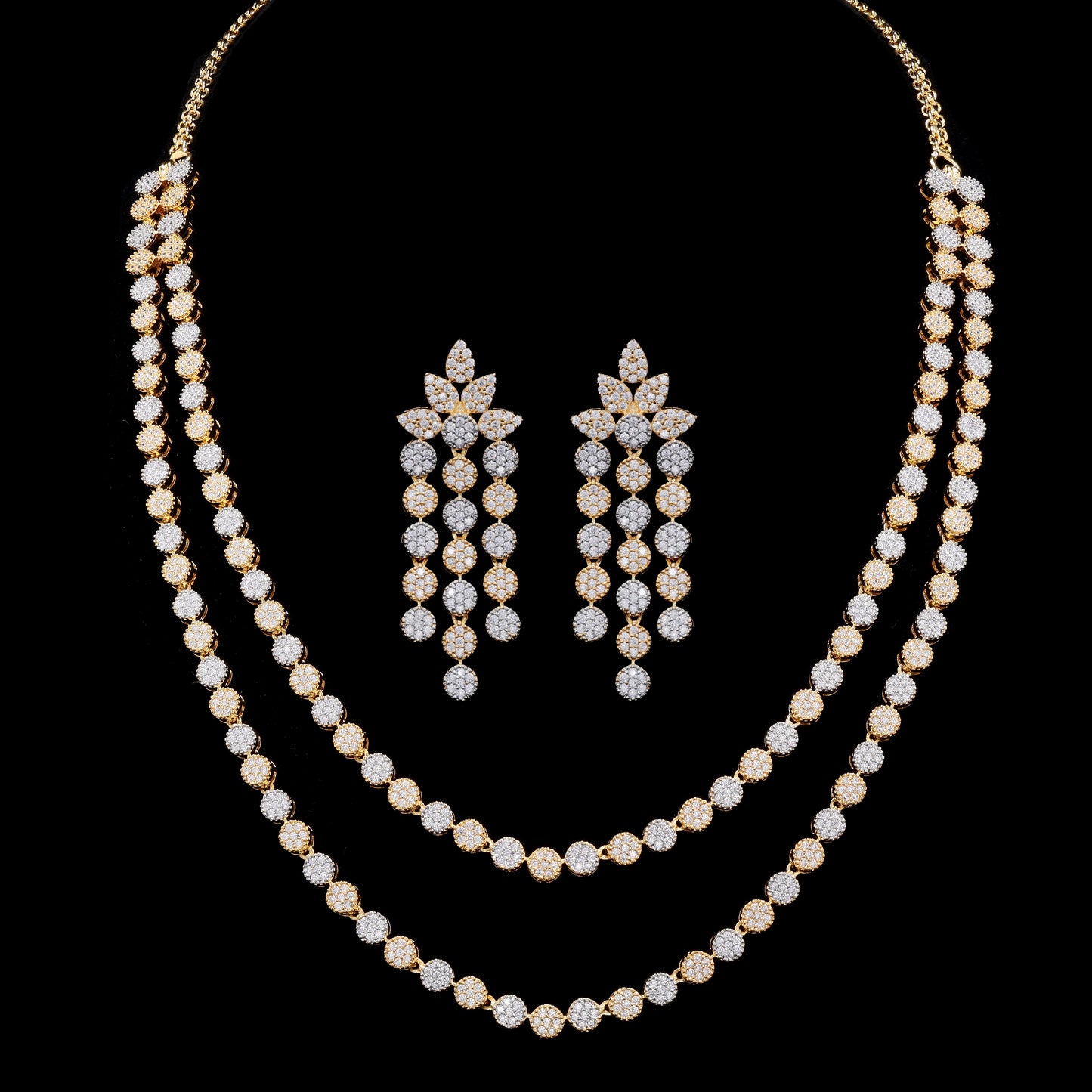 Double Layer Dual Tone Pressure Setting Tafeta Necklace Set with Earrings on Pure 925 Silver