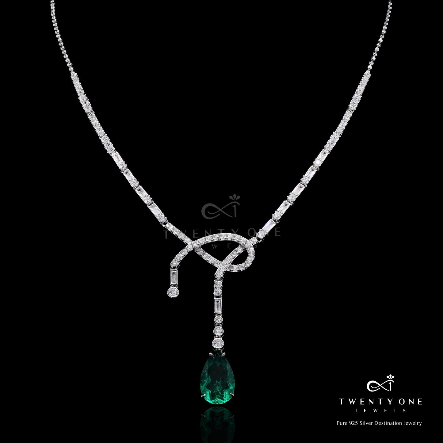 Ultra Premium Emerald Drop Doublet Necklace with Tapers, Baguettes and Round Cuts on Pure 925 Silver