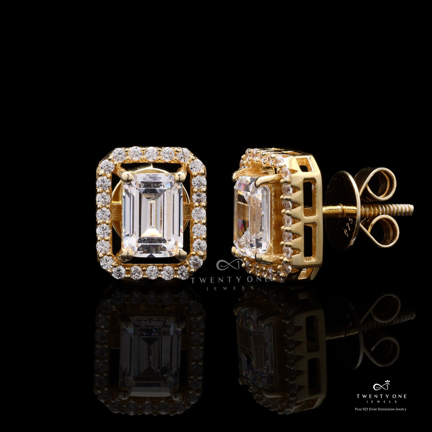 Premium Range 1.5 Carat Emerald Cut Princia Solitaire Studs with Screw Backs - 18k Gold Finish