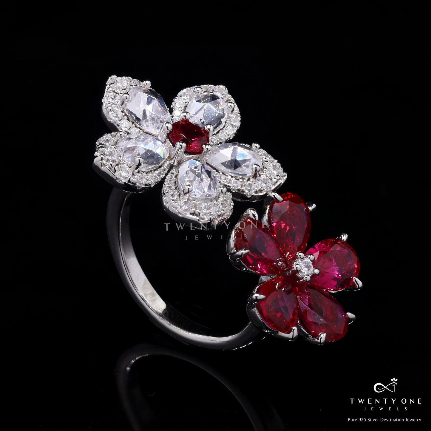 Premium Double Flower Ruby Drop Solitaire and American Diamond Ring