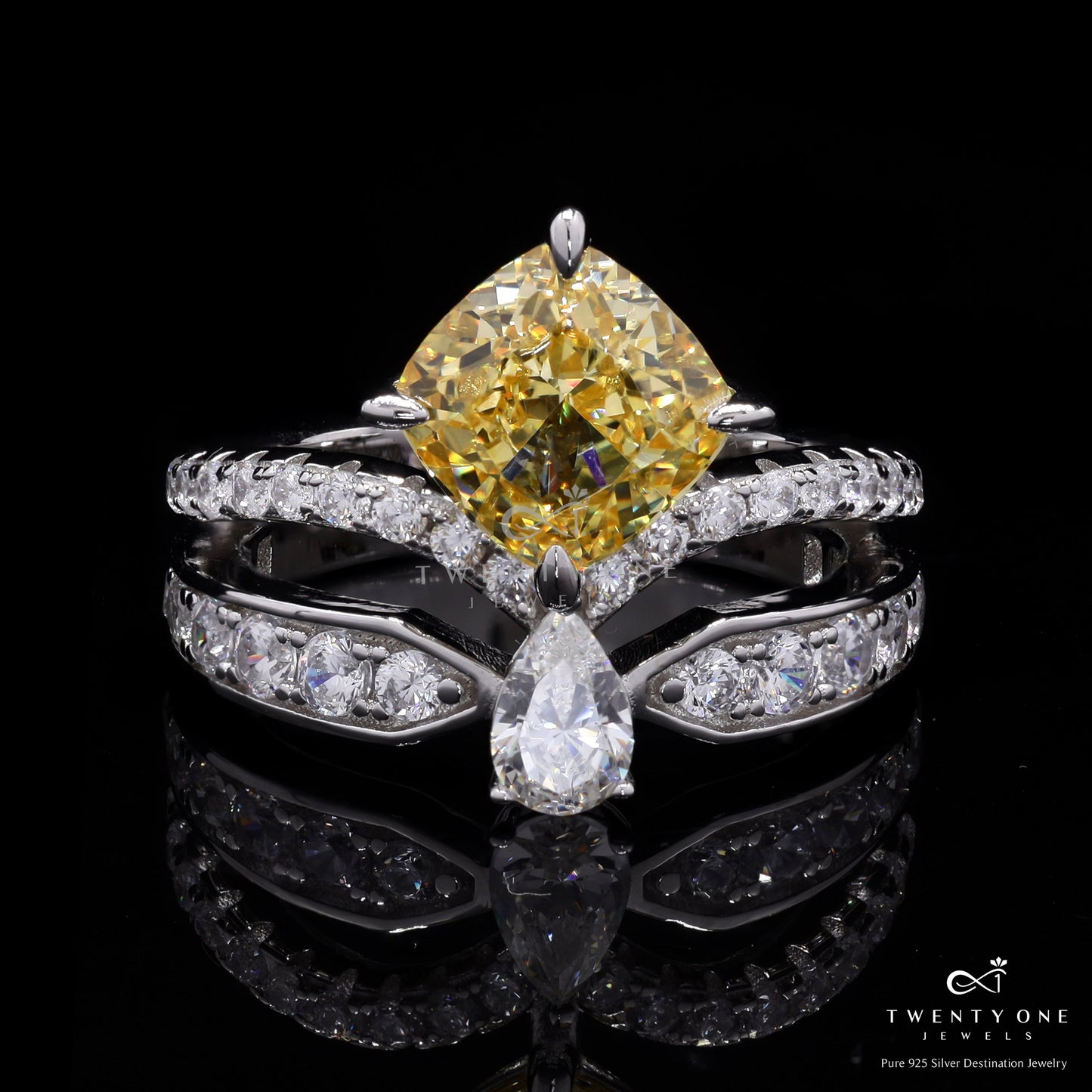 Premium Double Band Harare Yellow Sapphire and Drop Solitaire Ring on Pure 925 Silver