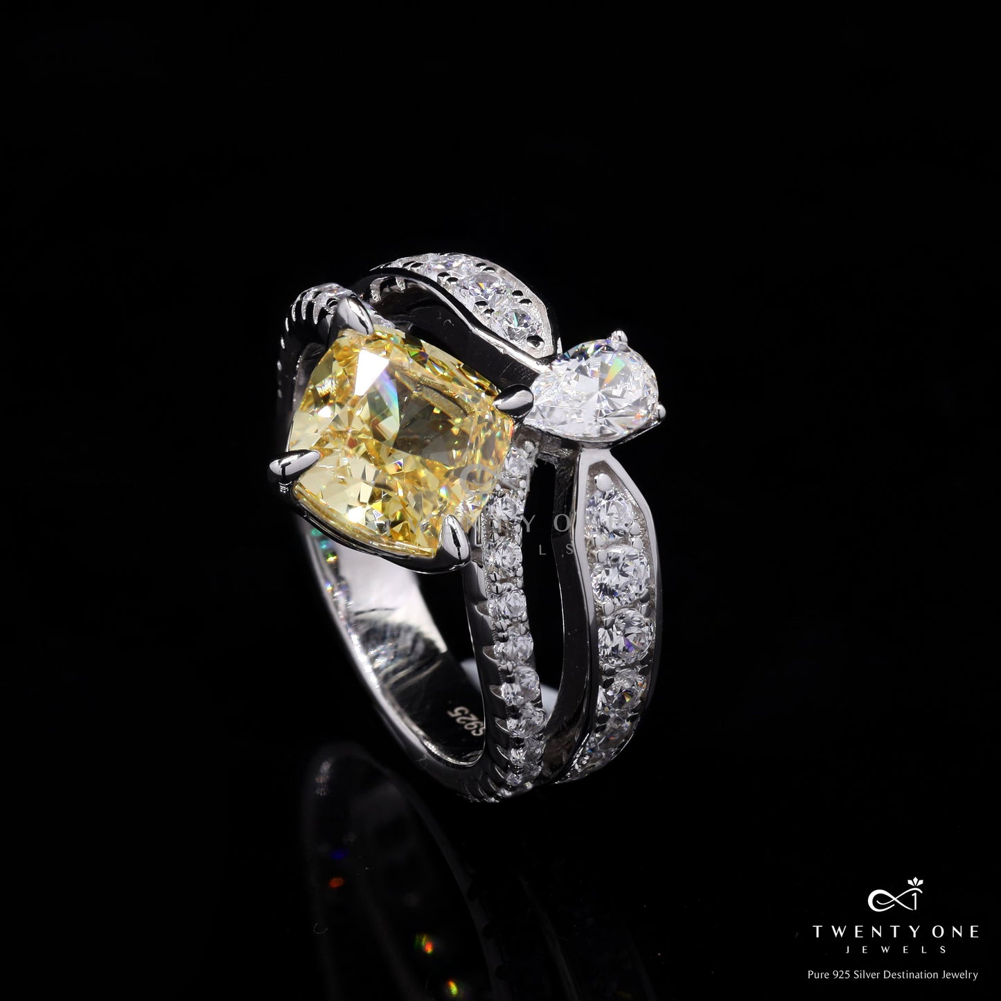 Premium Double Band Harare Yellow Sapphire and Drop Solitaire Ring on Pure 925 Silver