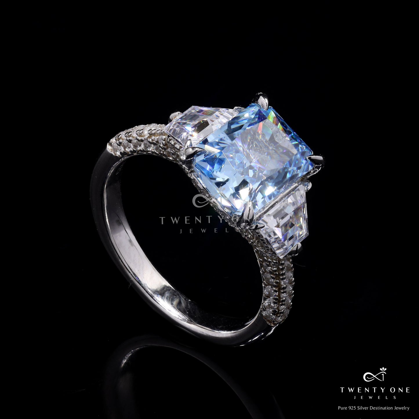 Premium Blue Topaz and American Diamond Fusia Ring on Pure 925 Silver
