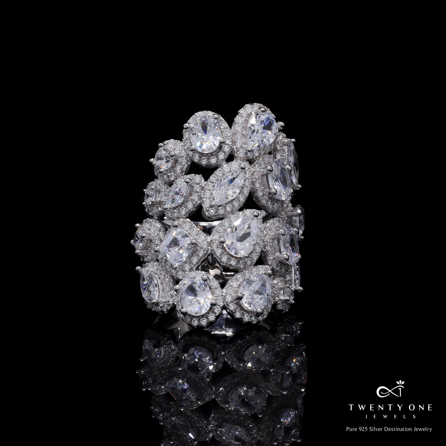 Premium Chunky Multi Shape Solitaire Cocktail  Nancy Ring on Pure 925 Silver