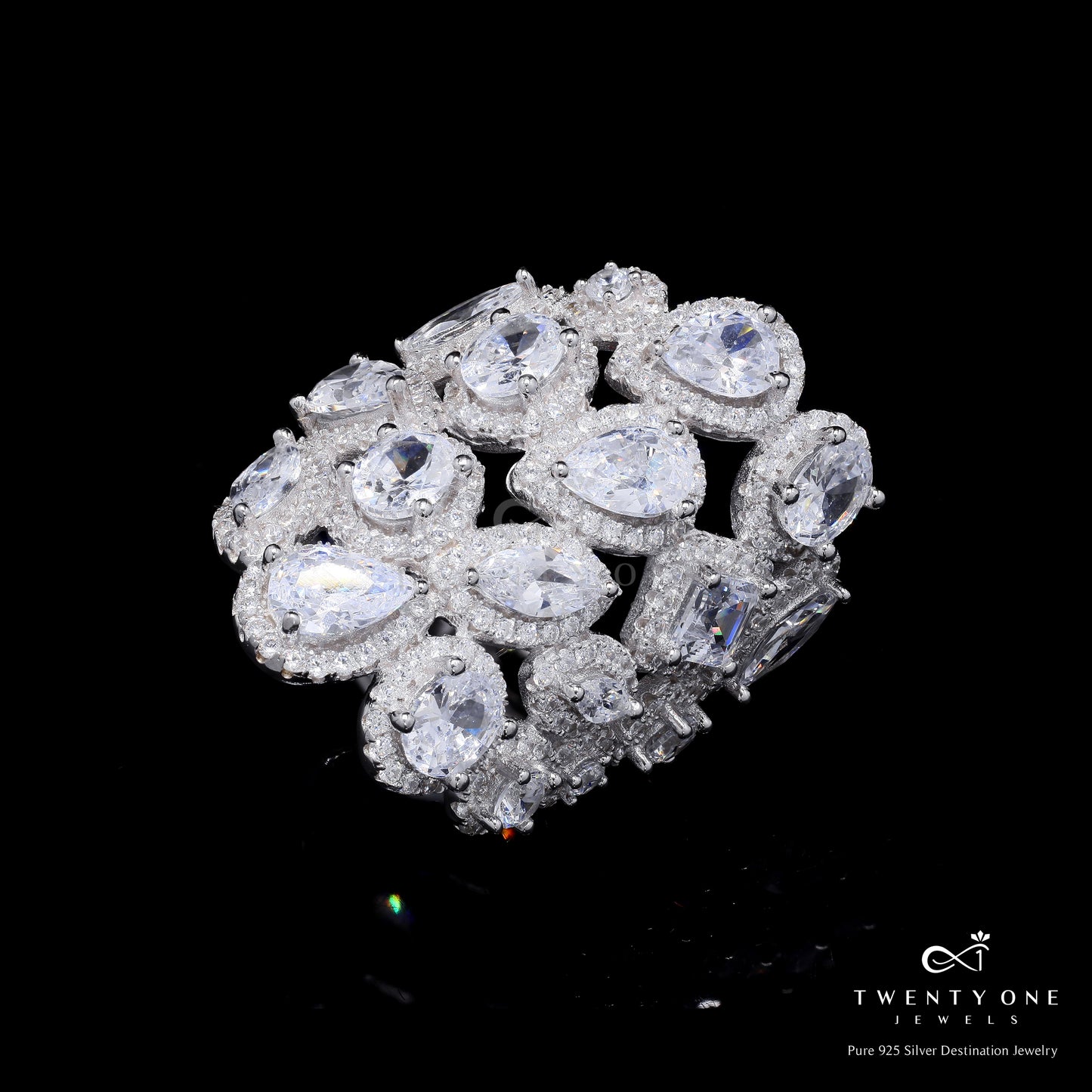 Premium Chunky Multi Shape Solitaire Cocktail  Nancy Ring on Pure 925 Silver