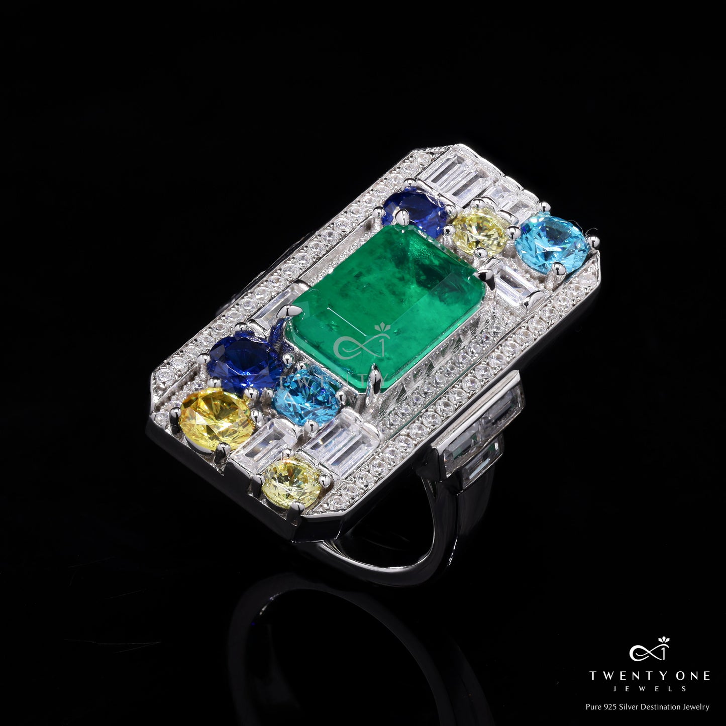 Premium Emerald and Diamond Marissa Ring on Pure 925 Silver