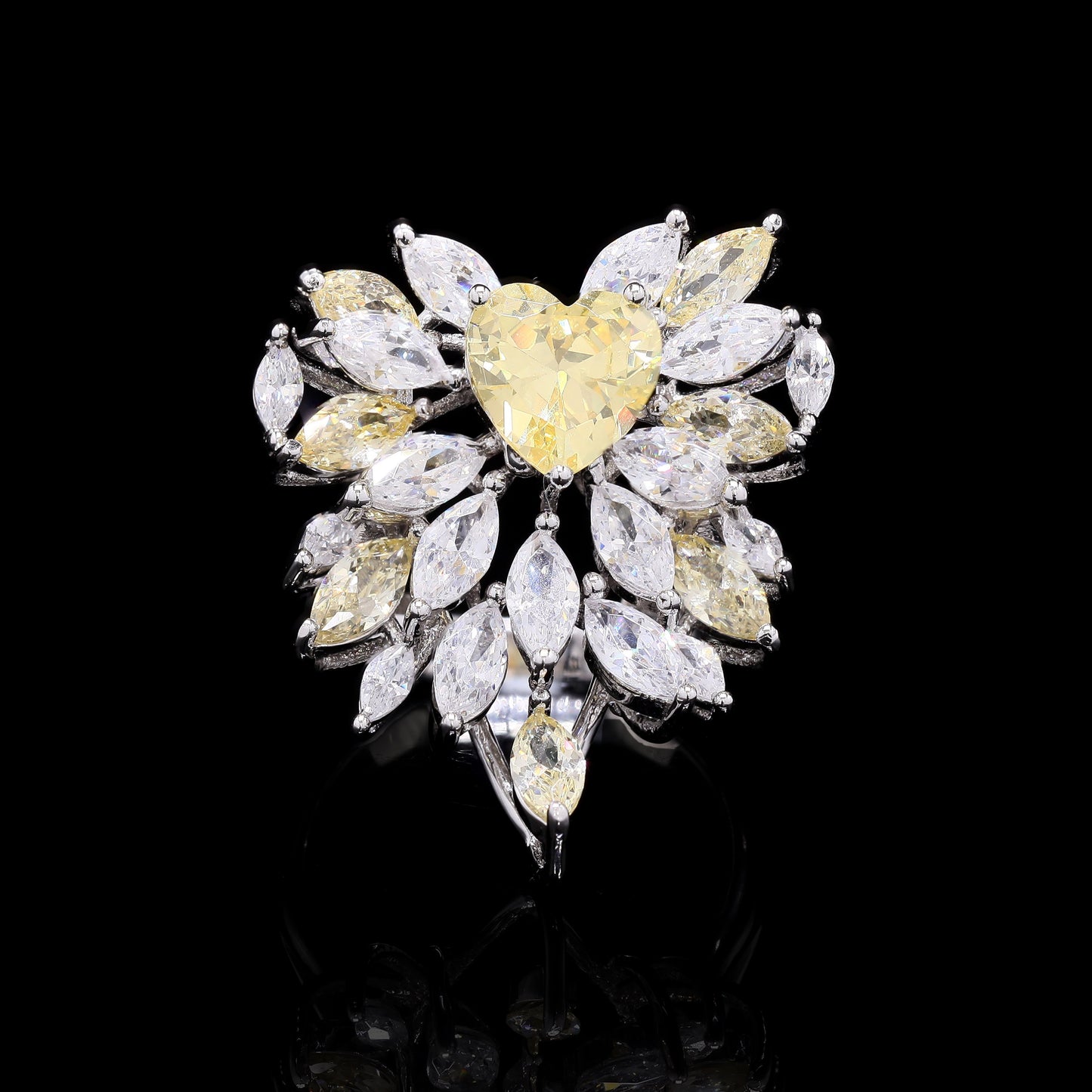 Ultra Premium 2 Carat Yellow Diamond Heart Solitaire Cluster Ring with Marquises on Pure 925 Silver