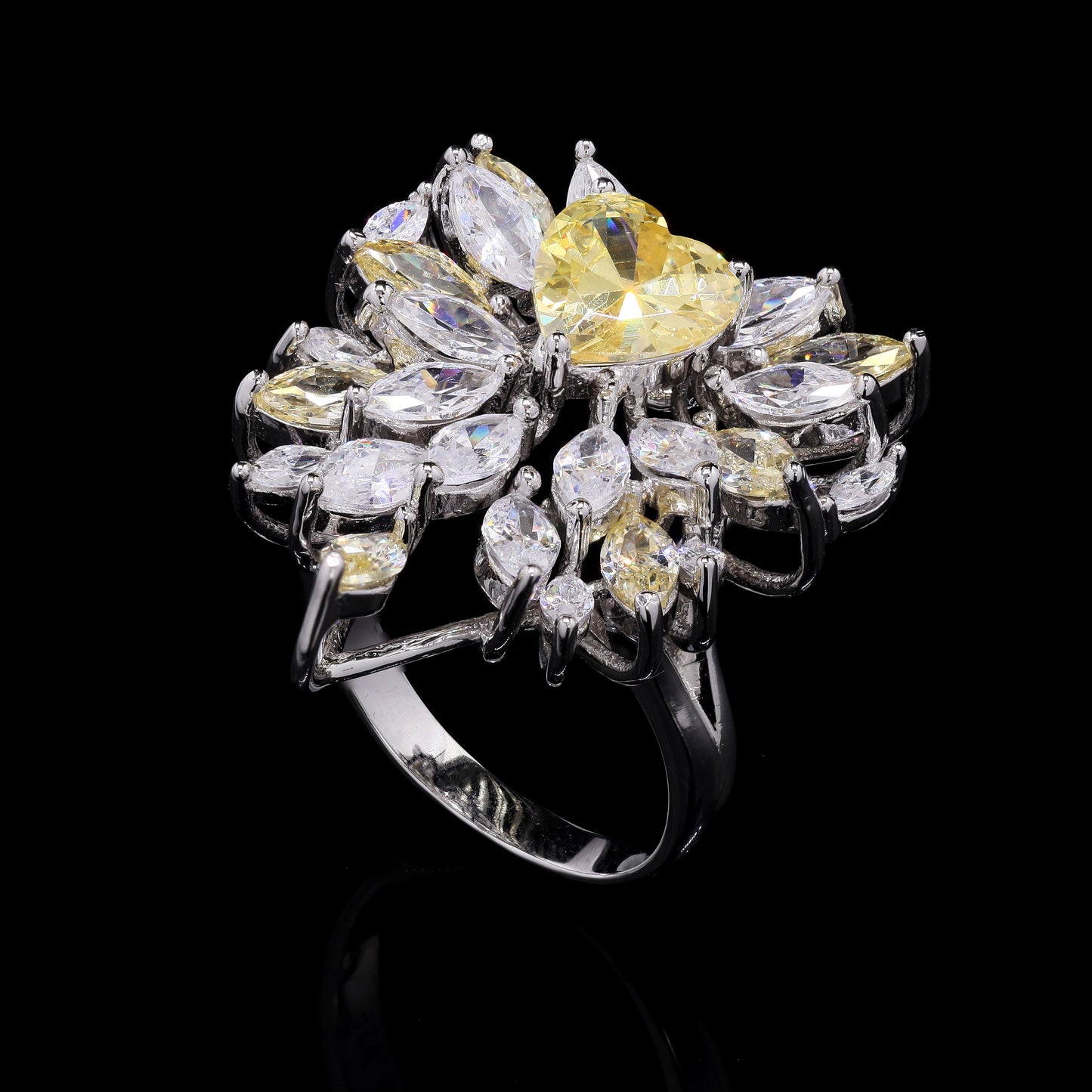Ultra Premium 2 Carat Yellow Diamond Heart Solitaire Cluster Ring with Marquises on Pure 925 Silver