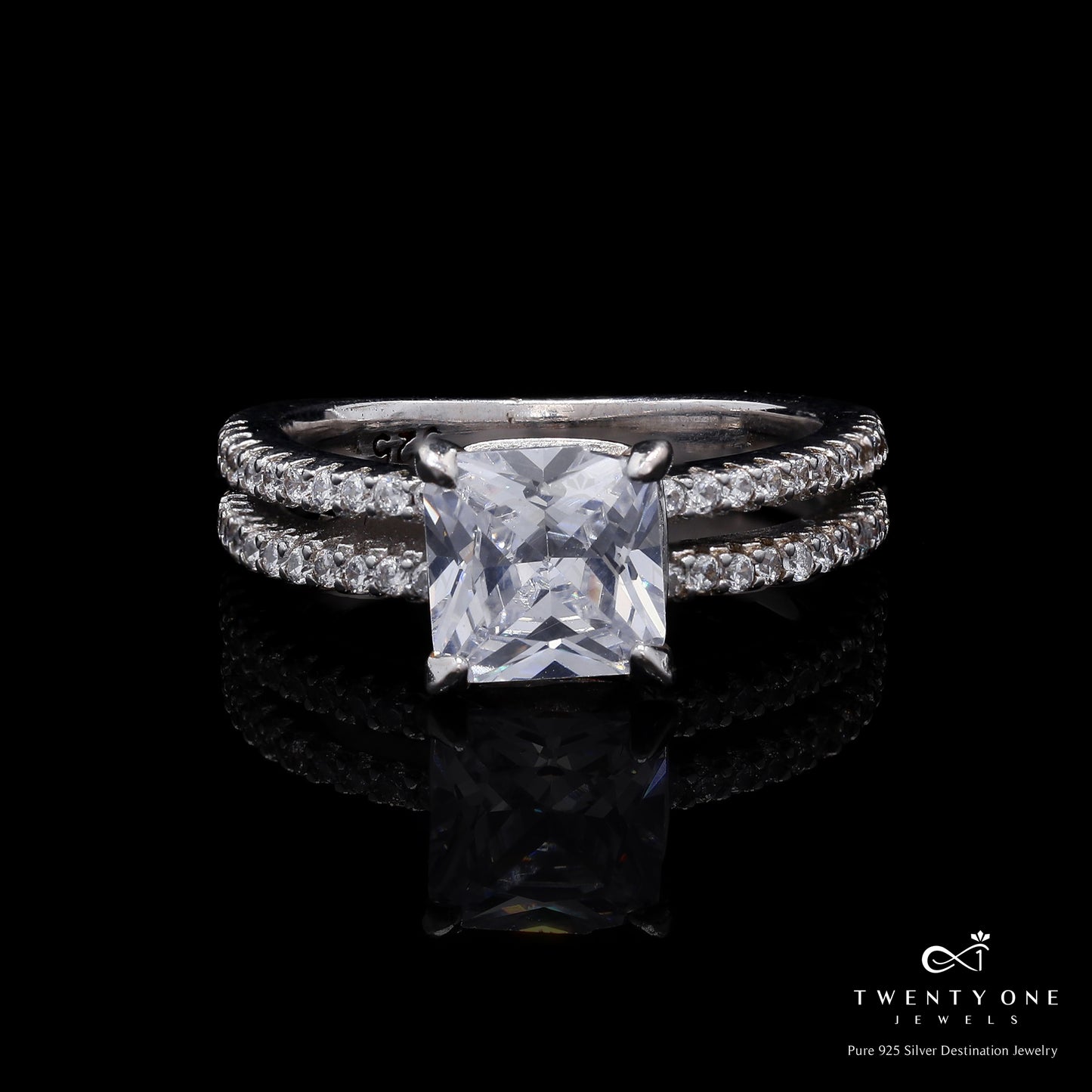 2 Line Aliya Ring with 3 Carat Princess Cut Solitaire on Pure 925 Silver