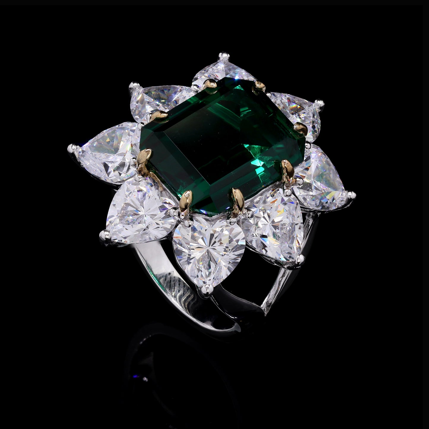 Ultra Premium 5.5 Carat Hydro Emerald and Heart Solitaire Florencia Cocktail Ring on Pure 925 Silver