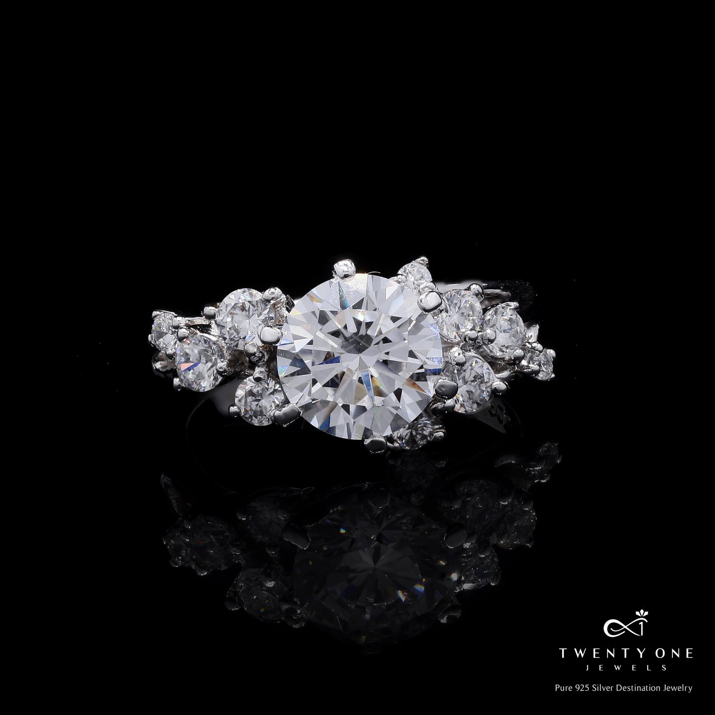 2.5 Carat Solitaire Noor Ring with Cluster Diamonds on Pure 925 Silver.