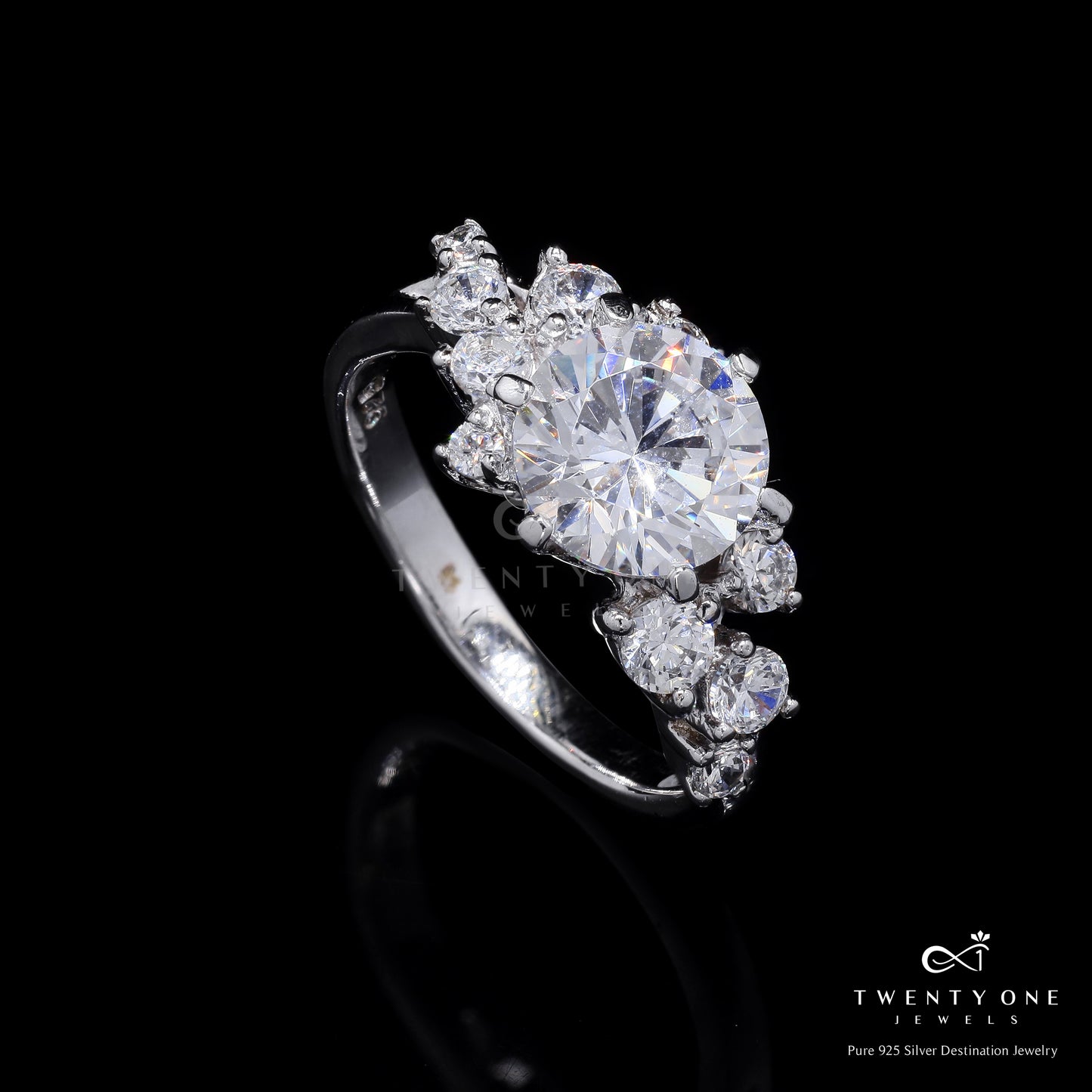 2.5 Carat Solitaire Noor Ring with Cluster Diamonds on Pure 925 Silver.