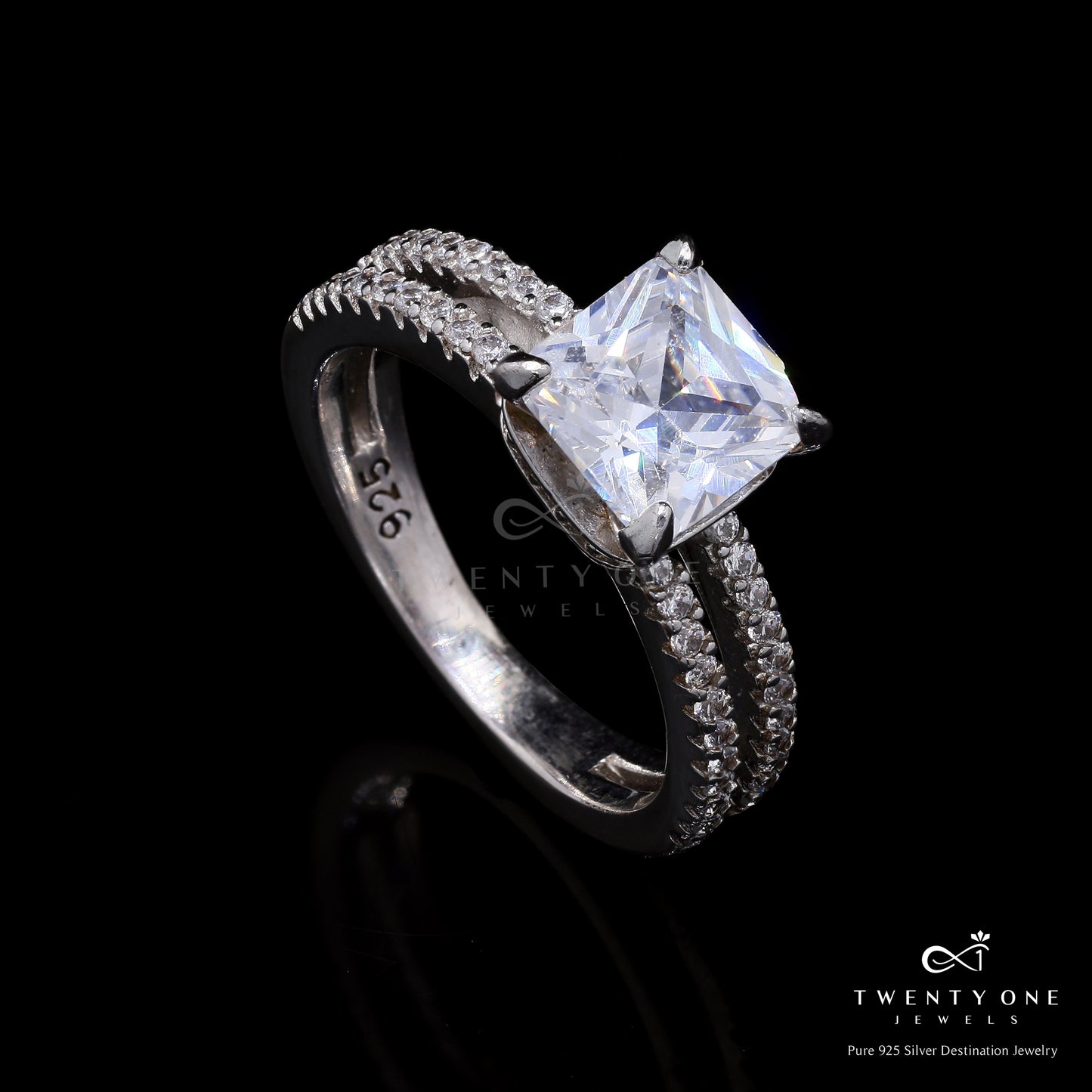 2 Line Aliya Ring with 3 Carat Princess Cut Solitaire on Pure 925 Silver