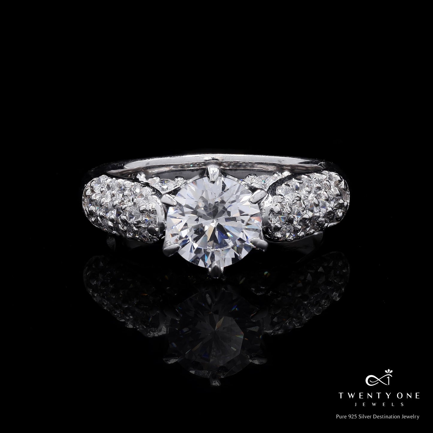 1.75 Carat Classic 6 Prong Solitaire Jovie Ring with American DIamond Studded Band on Pure 925 Silver