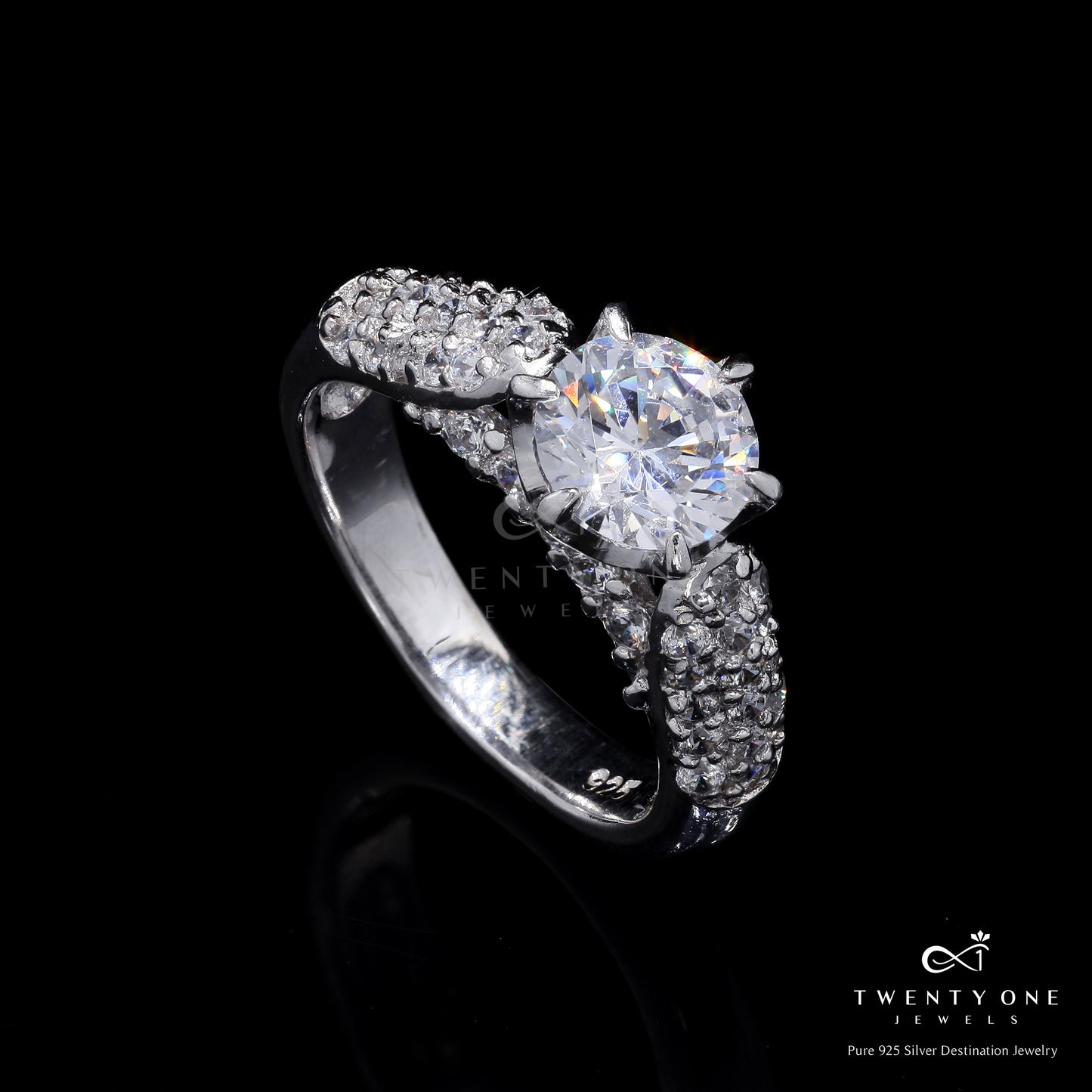 1.75 Carat Classic 6 Prong Solitaire Jovie Ring with American DIamond Studded Band on Pure 925 Silver