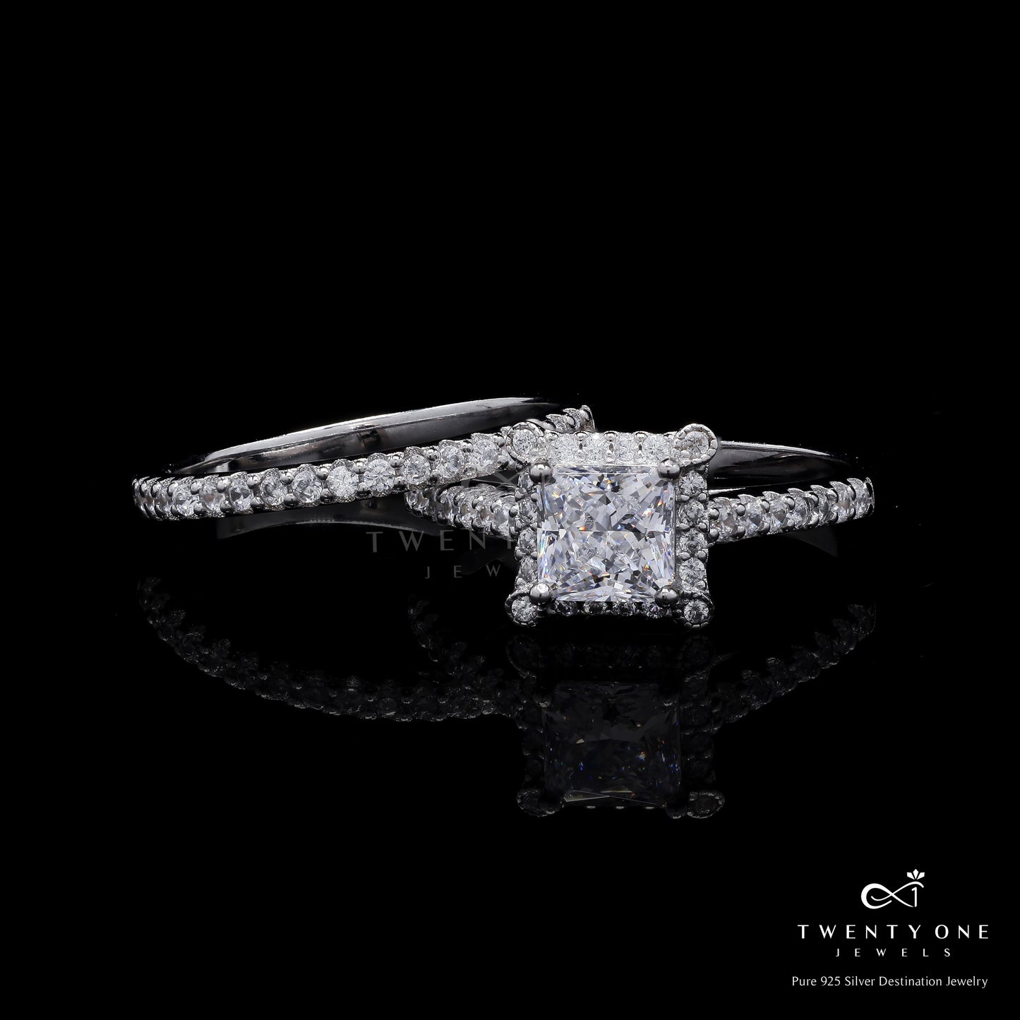 Nyra 1.5 Carat Princess Cut Solitaire Ring on Pure 925 Silver with Detachable Extra Diamond Studded Band.
