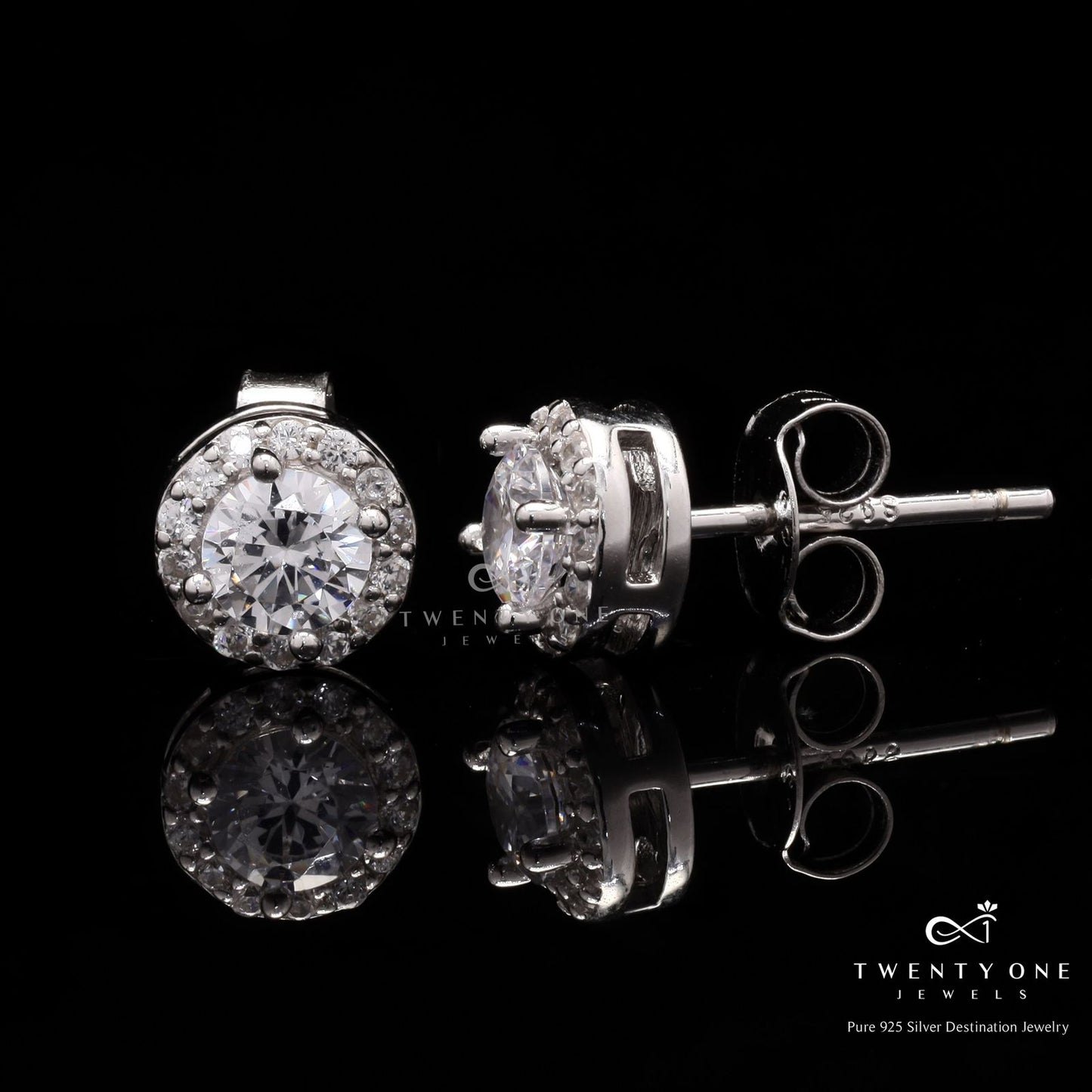 Mini Classic Halo Studs with Push Back on Pure 925 Silver.