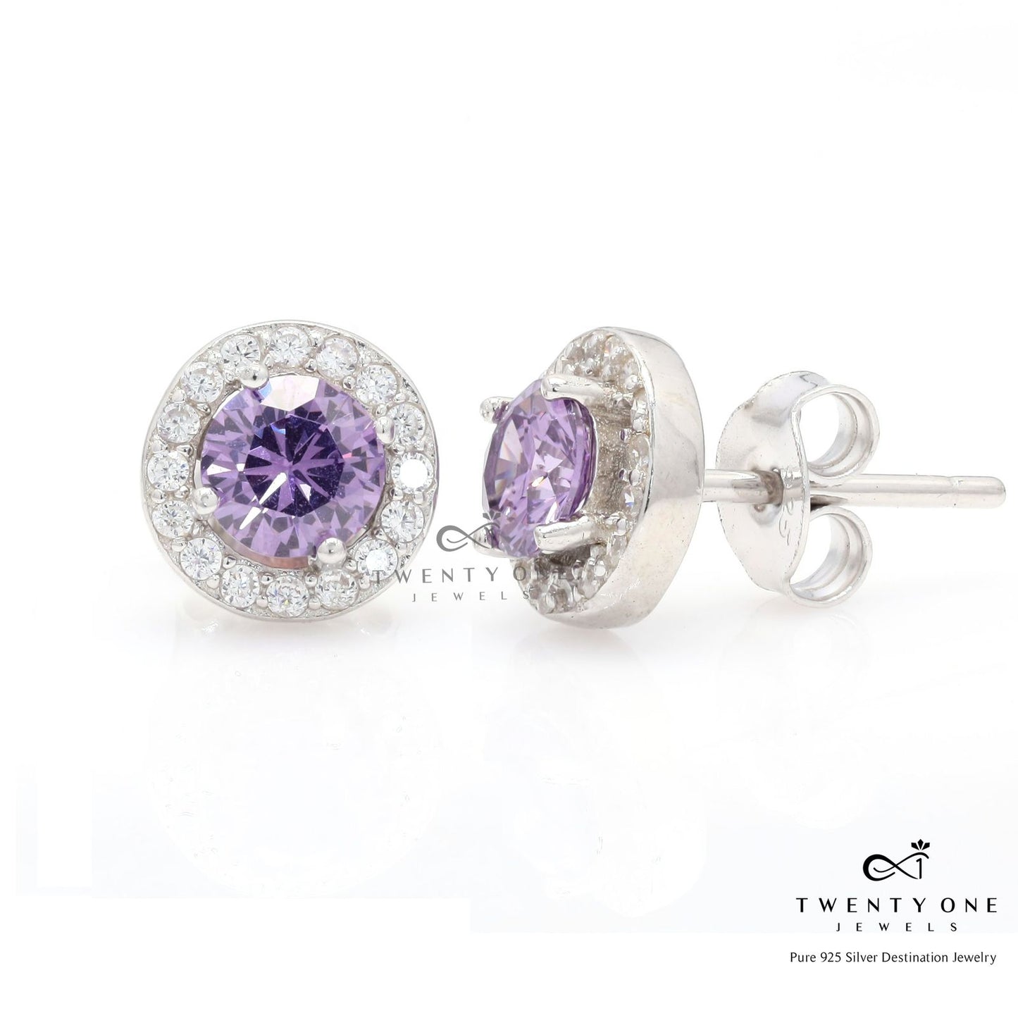 Hydro Amethyst Classic Halo Studs with Push Backs on Pure 925 Silver