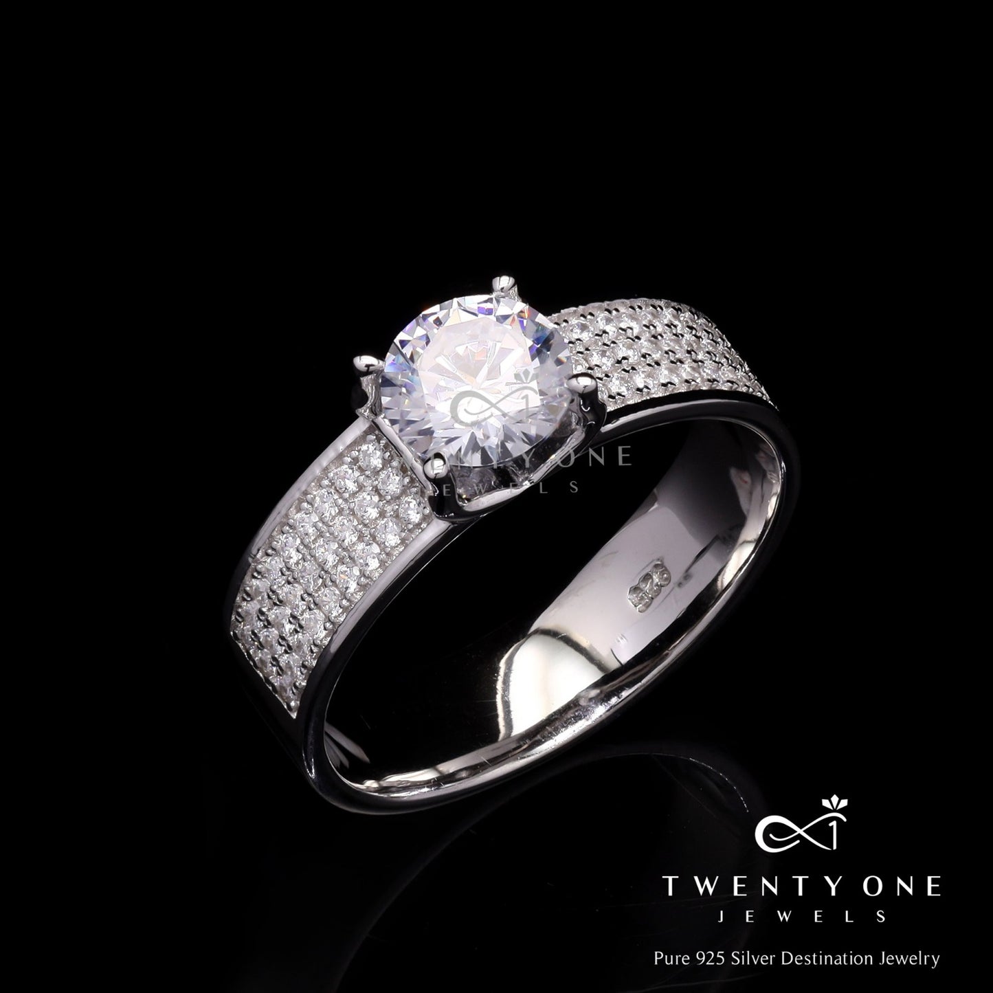 3 Line American Diamond Studded 1 Carat Solitaire Eliana Ring On 925 Silver.