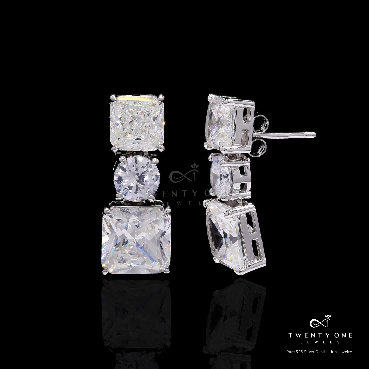 Premium 3 Layer Solitaire Danglers with Asher Cut and Round Cut Solitaire on Pure 925 Silver