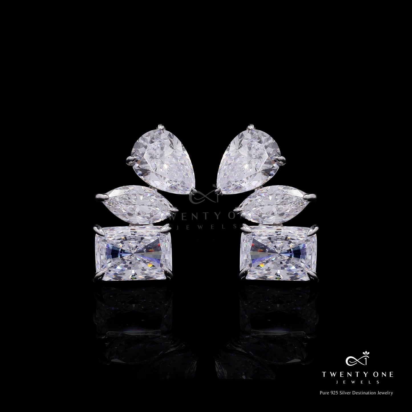 Premium Three Shape Solitaire American Diamond Studs on Pure 925 Silver