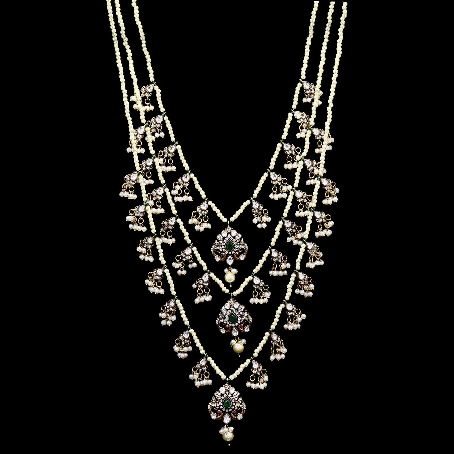 Antique Finish 3 Line Pearl and Polki Haar Necklace