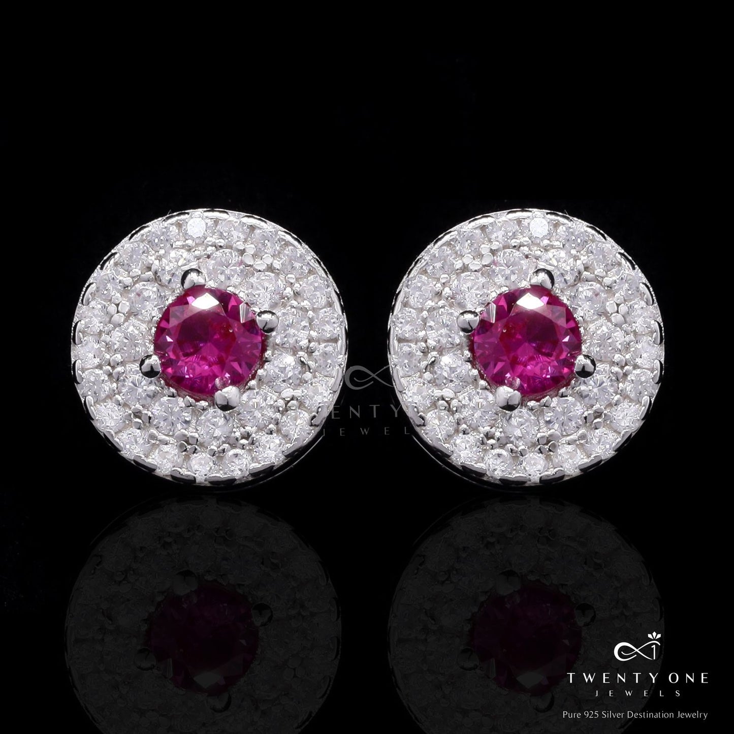 American Diamond Studded Georgina Studs with Centre Ruby on Pure 925 Silver.