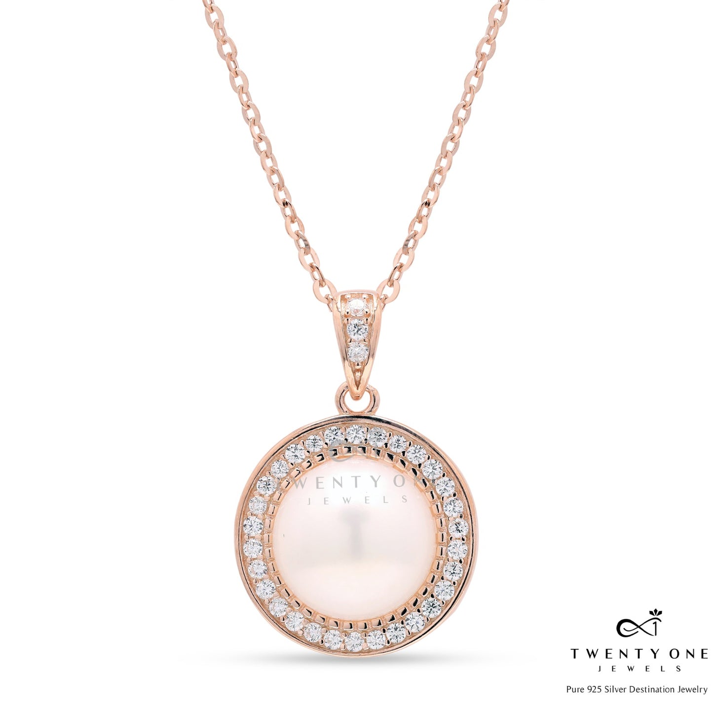 Rose Gold Diamond studded Reyna Pearl Pendant with Chain on Pure 925 Silver.