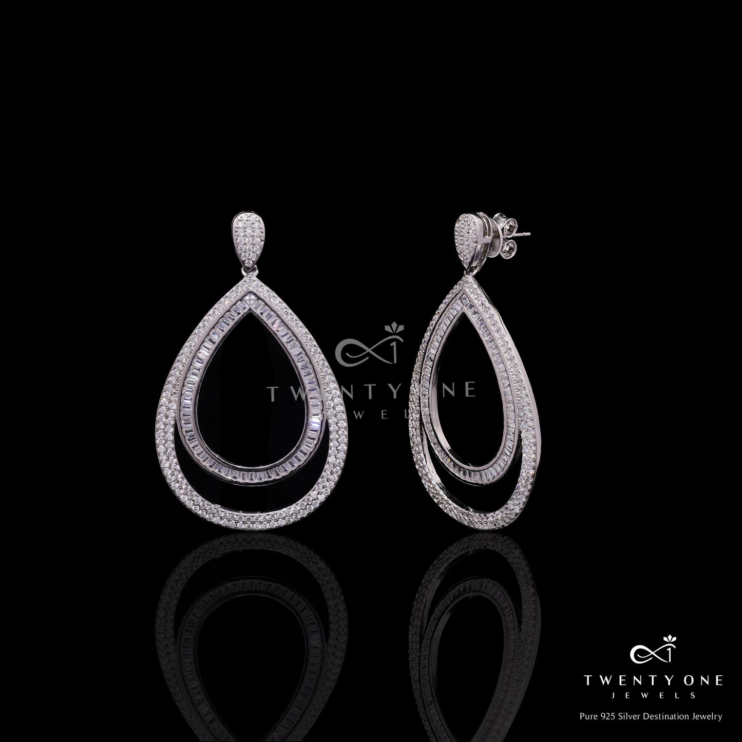 Premium Double Drop Party Earrings with American Diamond Baguettes on Pure 925 Silver